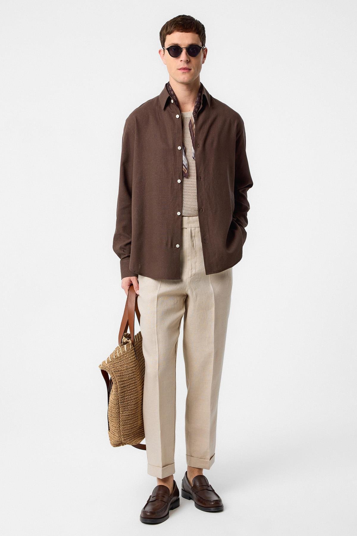 Antioch Kahve Relax Fit Keten Karışımlı Erkek Gömlek