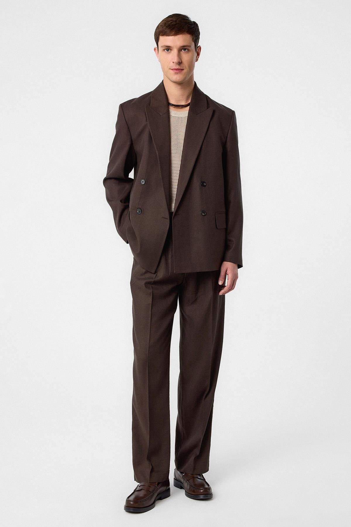 Antioch Kahve Relax Fit Keten Karışımlı Erkek Blazer Ceket