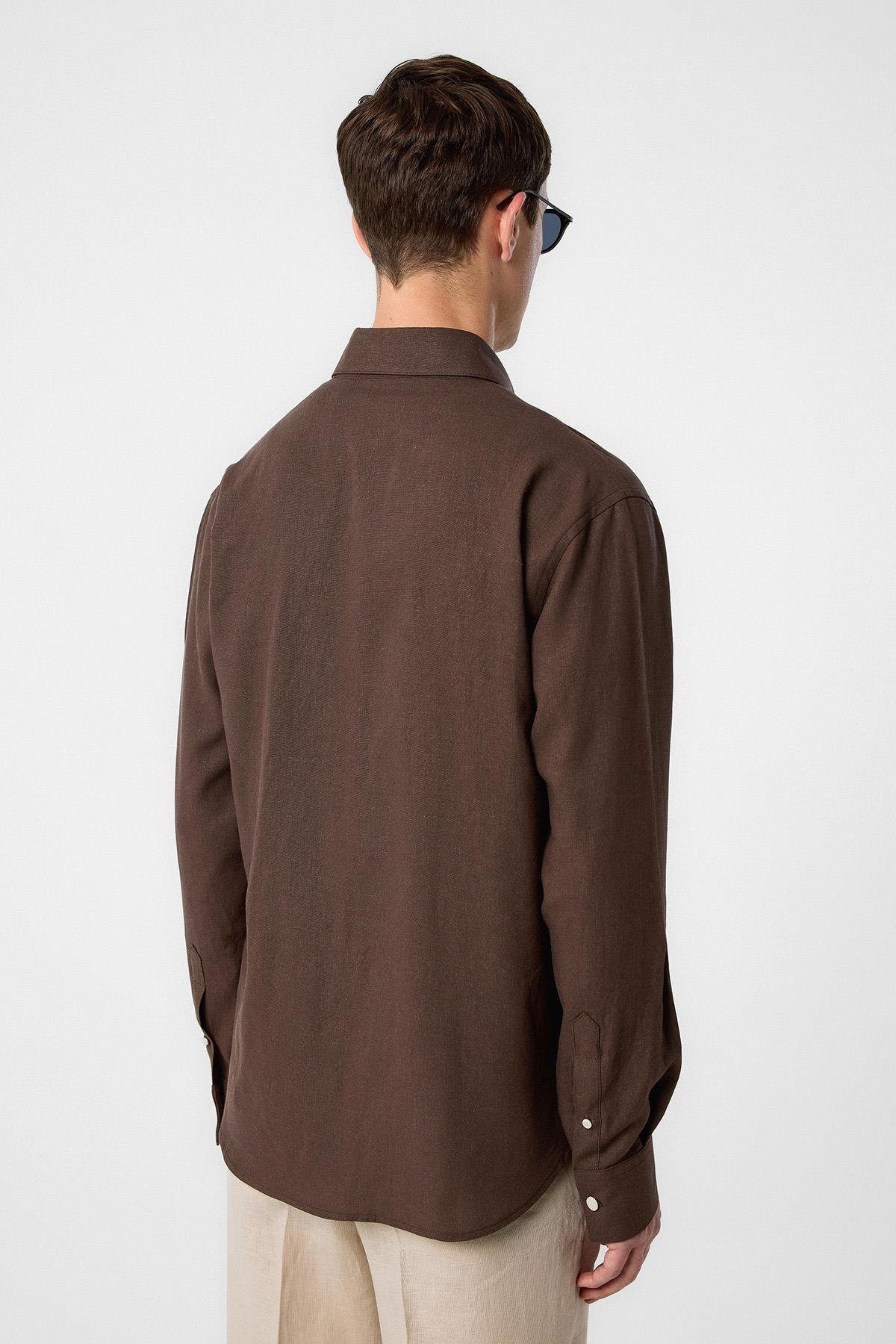 Antioch Kahve Relax Fit Keten Karışımlı Erkek Gömlek