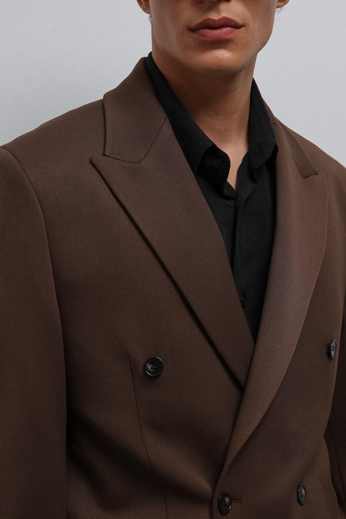 Antioch Kahve Relax Fit Kruvaze Erkek Blazer Ceket