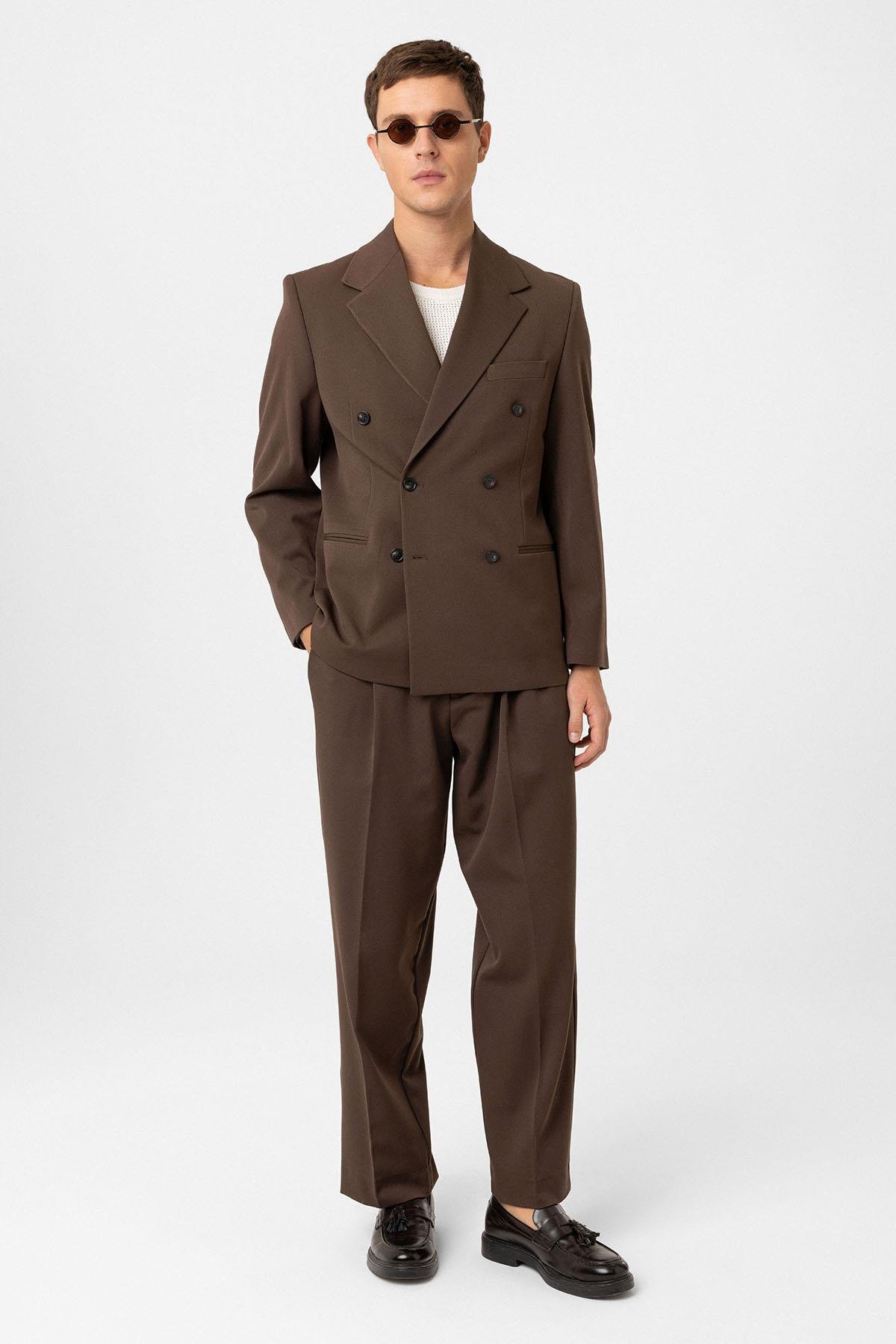 Antioch Kahve Relax Fit Kruvaze Erkek Blazer Ceket