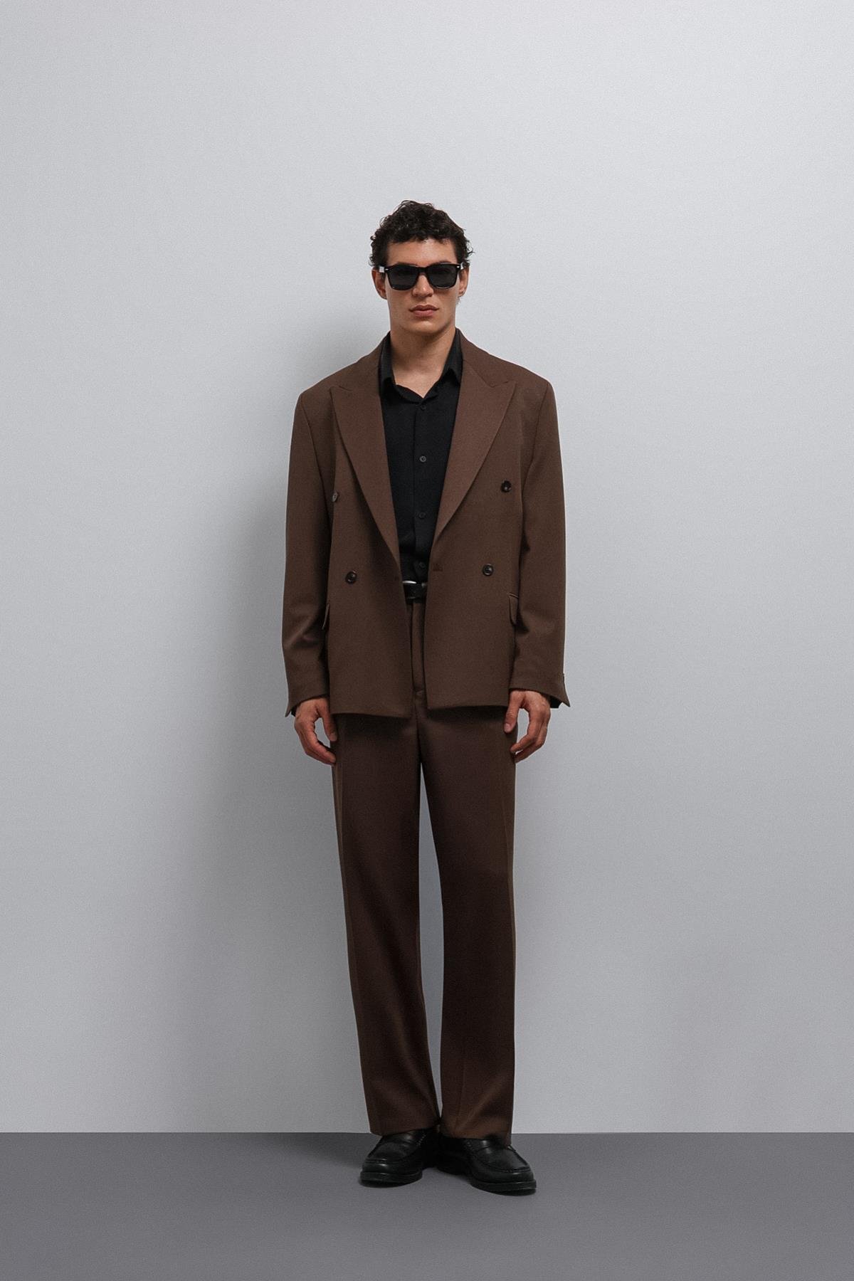 Antioch Kahve Relax Fit Kruvaze Erkek Blazer Ceket