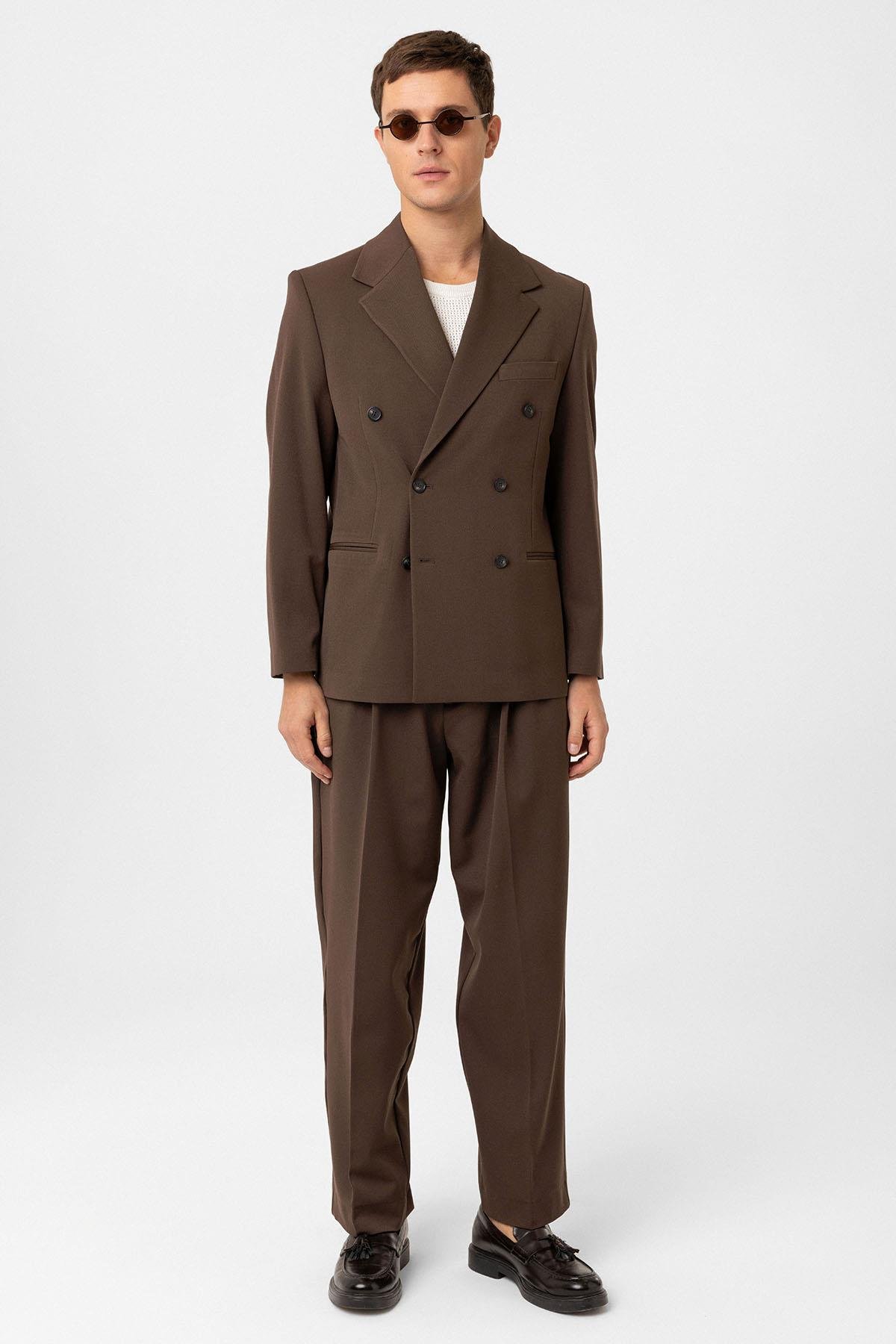 Antioch Kahve Relax Fit Kruvaze Erkek Blazer Ceket