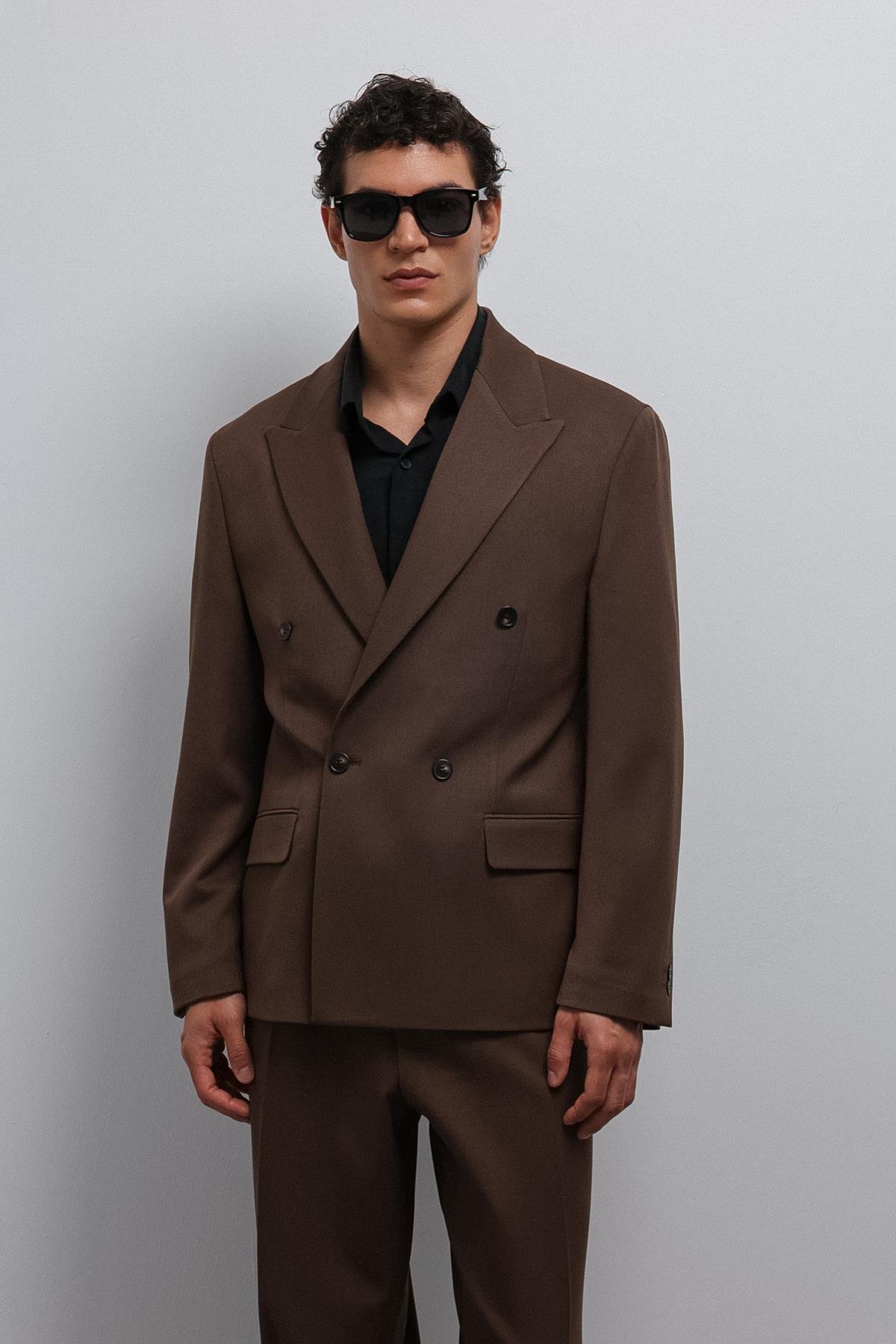 Antioch Kahve Relax Fit Kruvaze Erkek Blazer Ceket