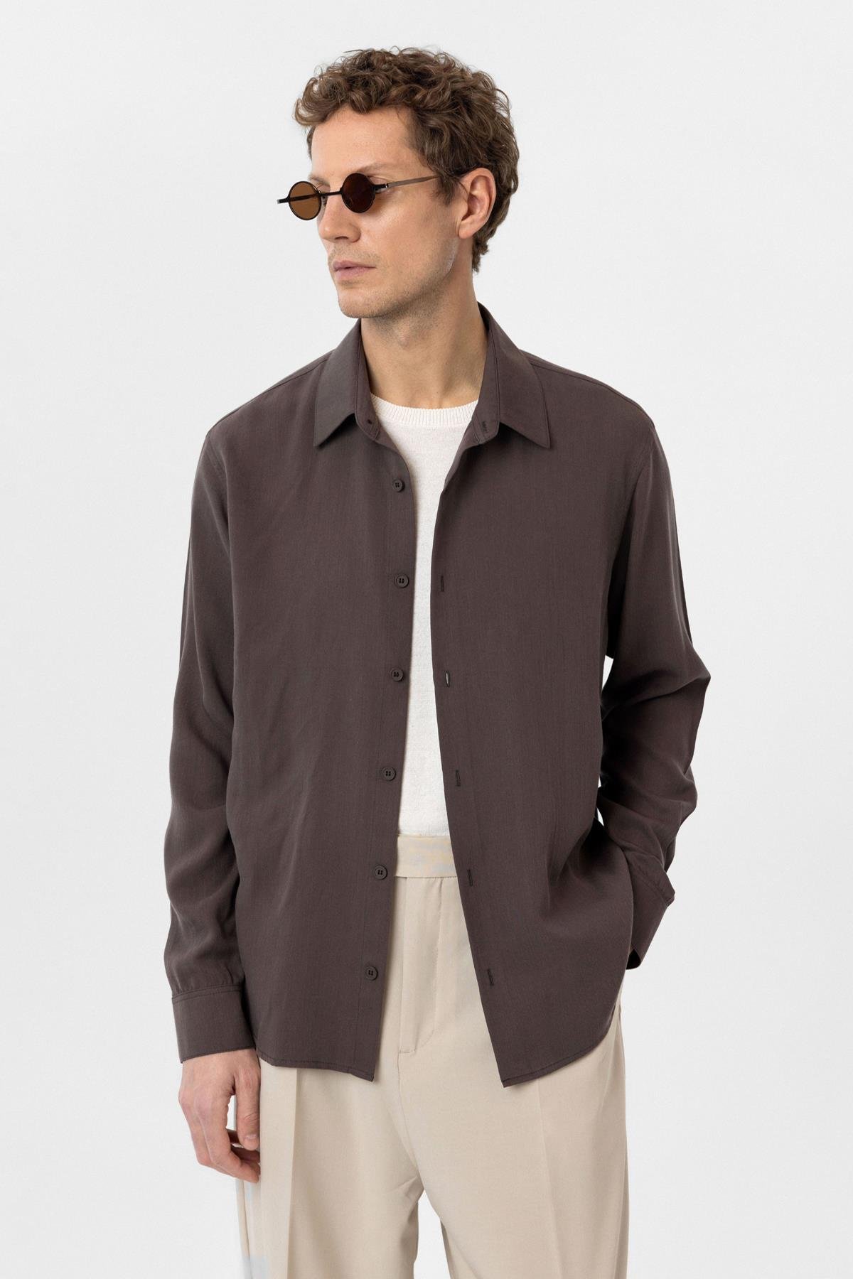 Antioch Kahve Relax Fit Liyosel Kumaş Erkek Gömlek