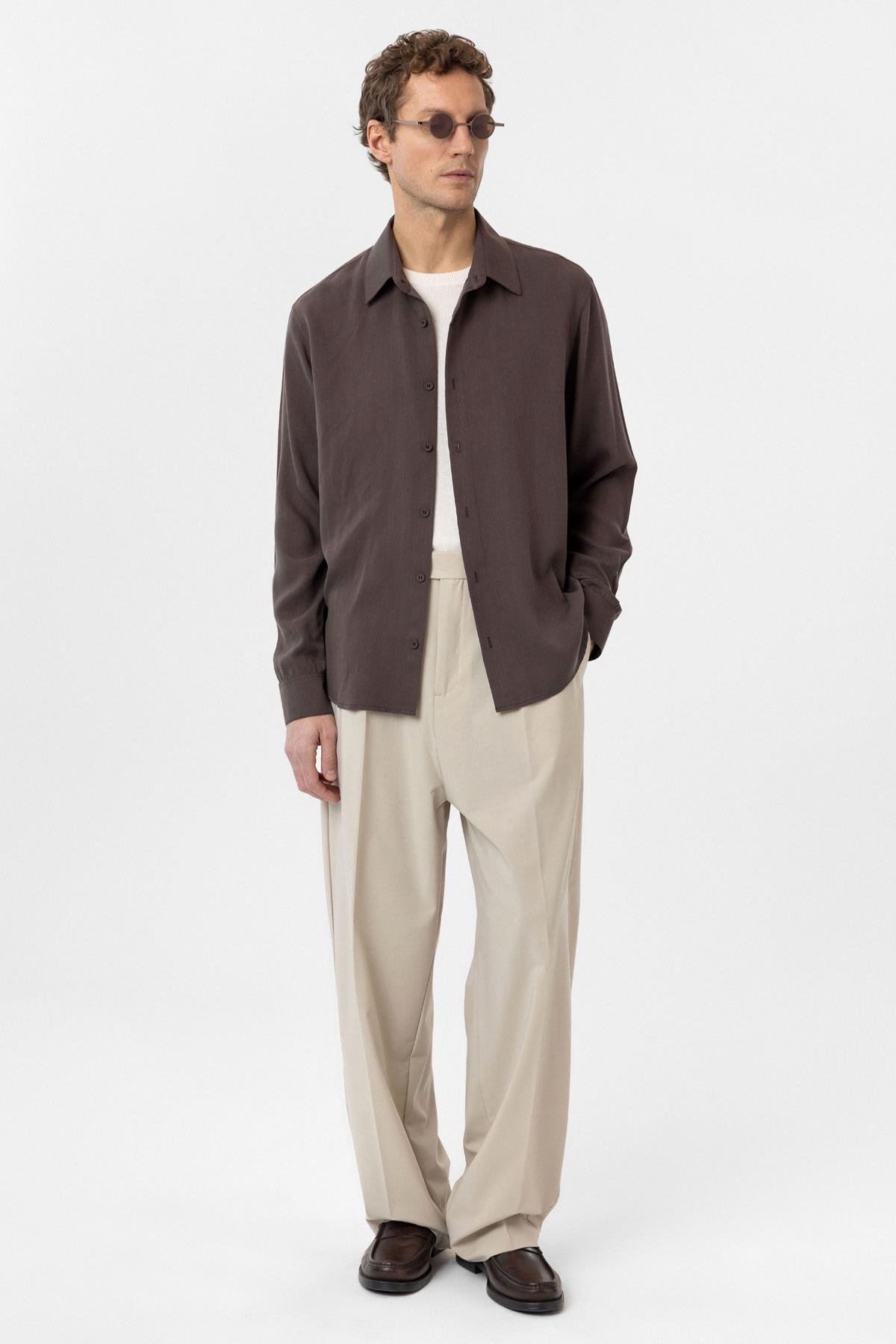 Antioch Kahve Relax Fit Liyosel Kumaş Erkek Gömlek