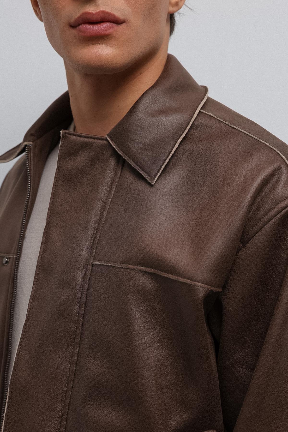 Antioch Kahve Relax Fit Suni Deri Erkek Mont