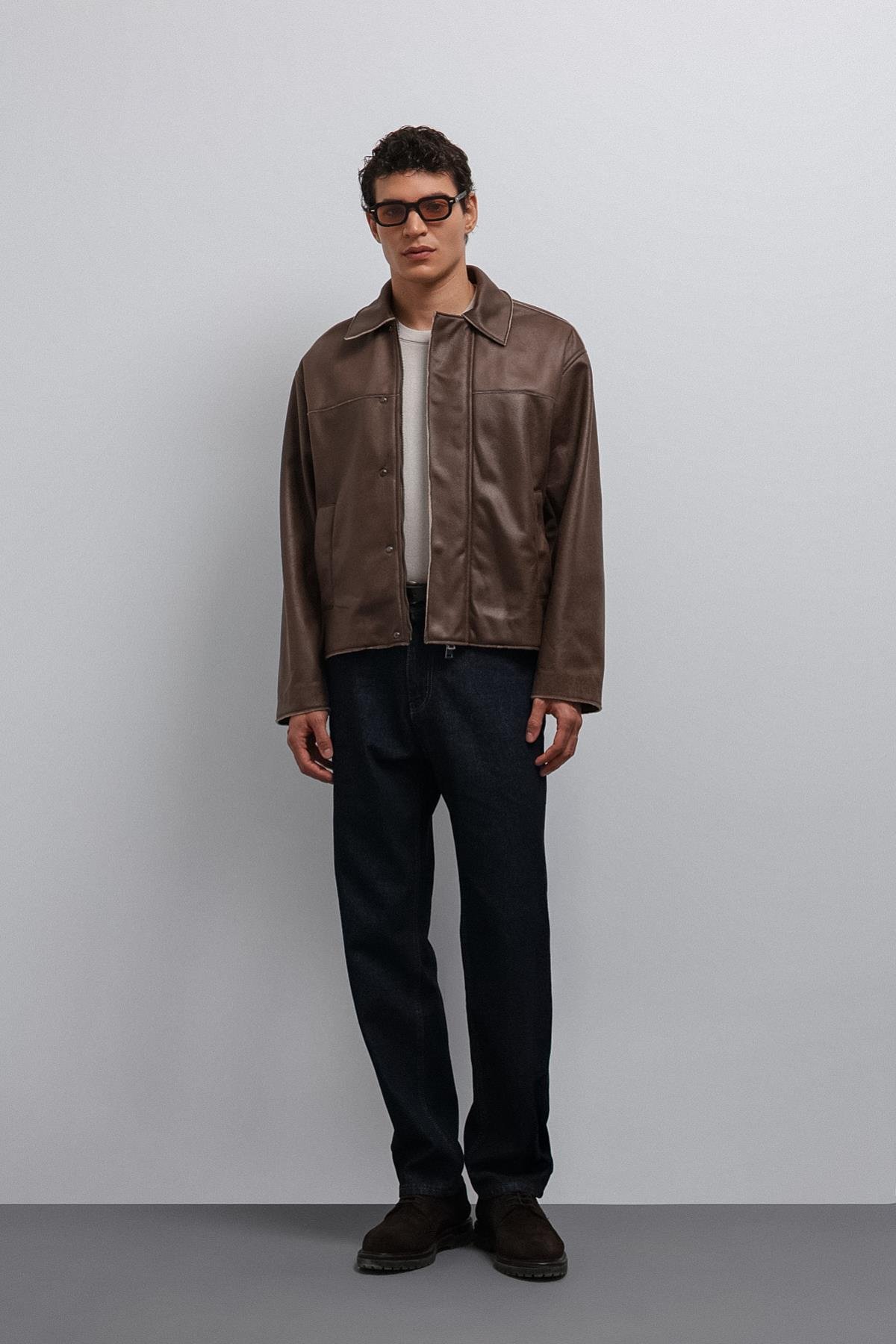 Antioch Kahve Relax Fit Suni Deri Erkek Mont