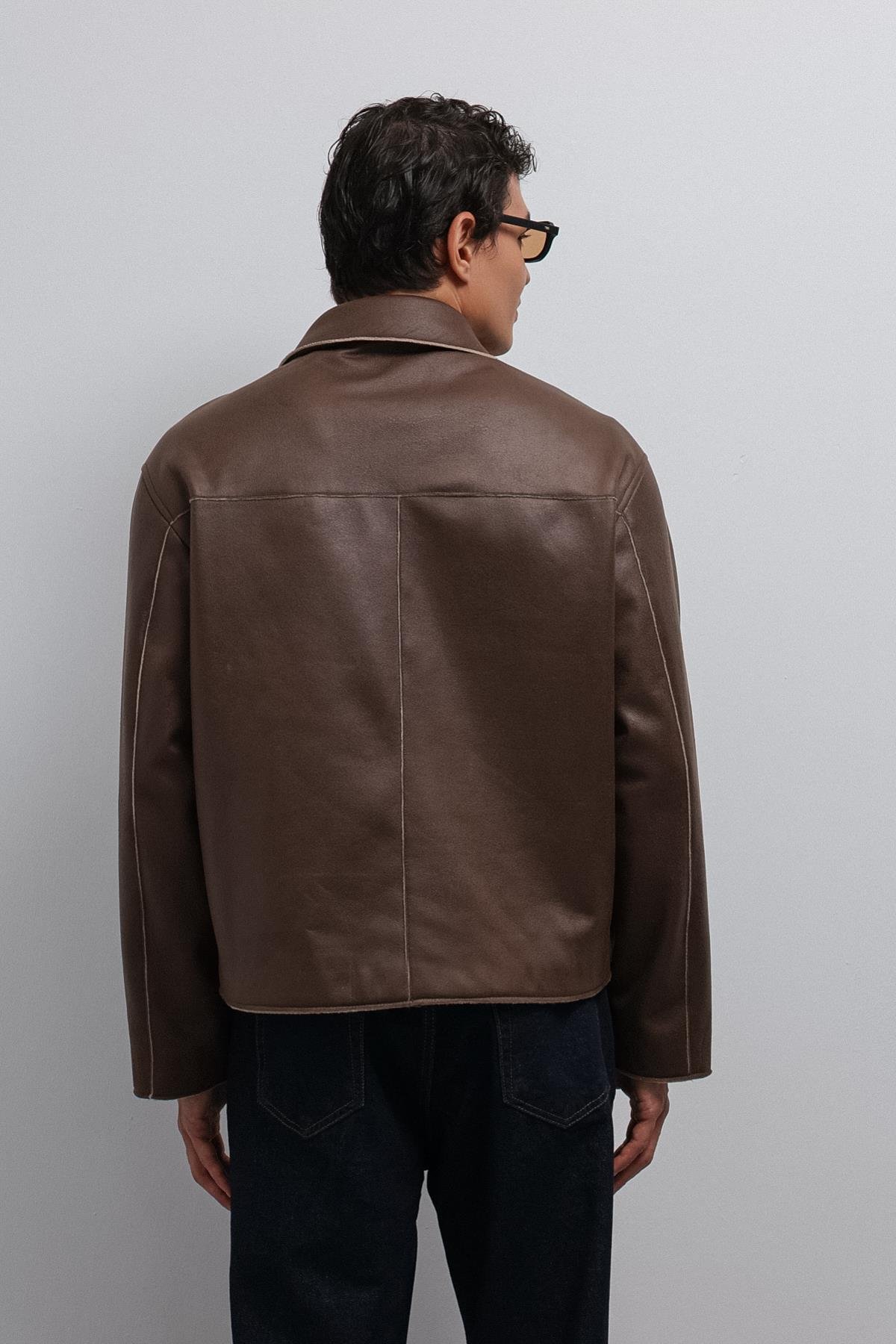 Antioch Kahve Relax Fit Suni Deri Erkek Mont