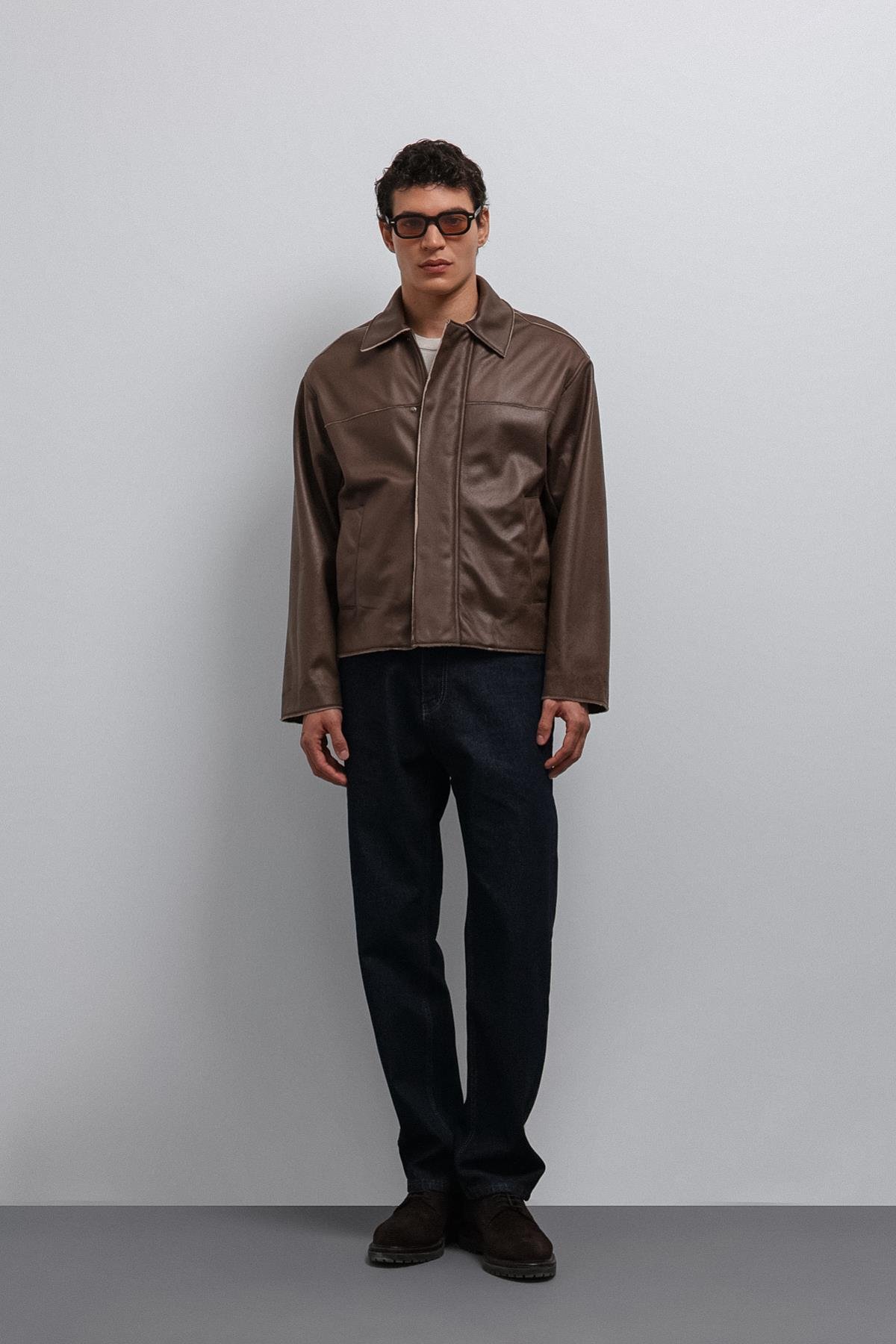 Antioch Kahve Relax Fit Suni Deri Erkek Mont