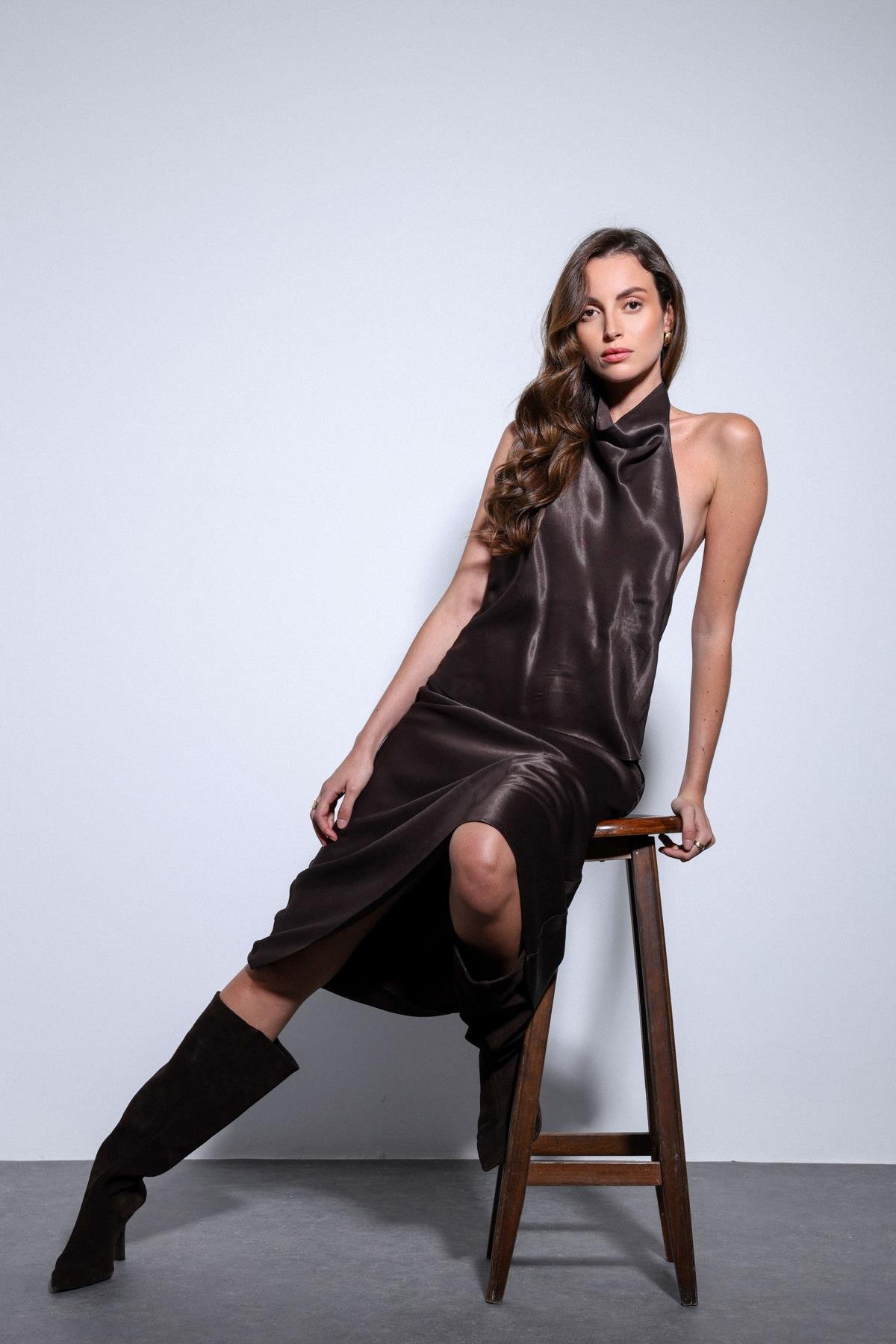 Antioch Kahve Saten Halter Kadın Top