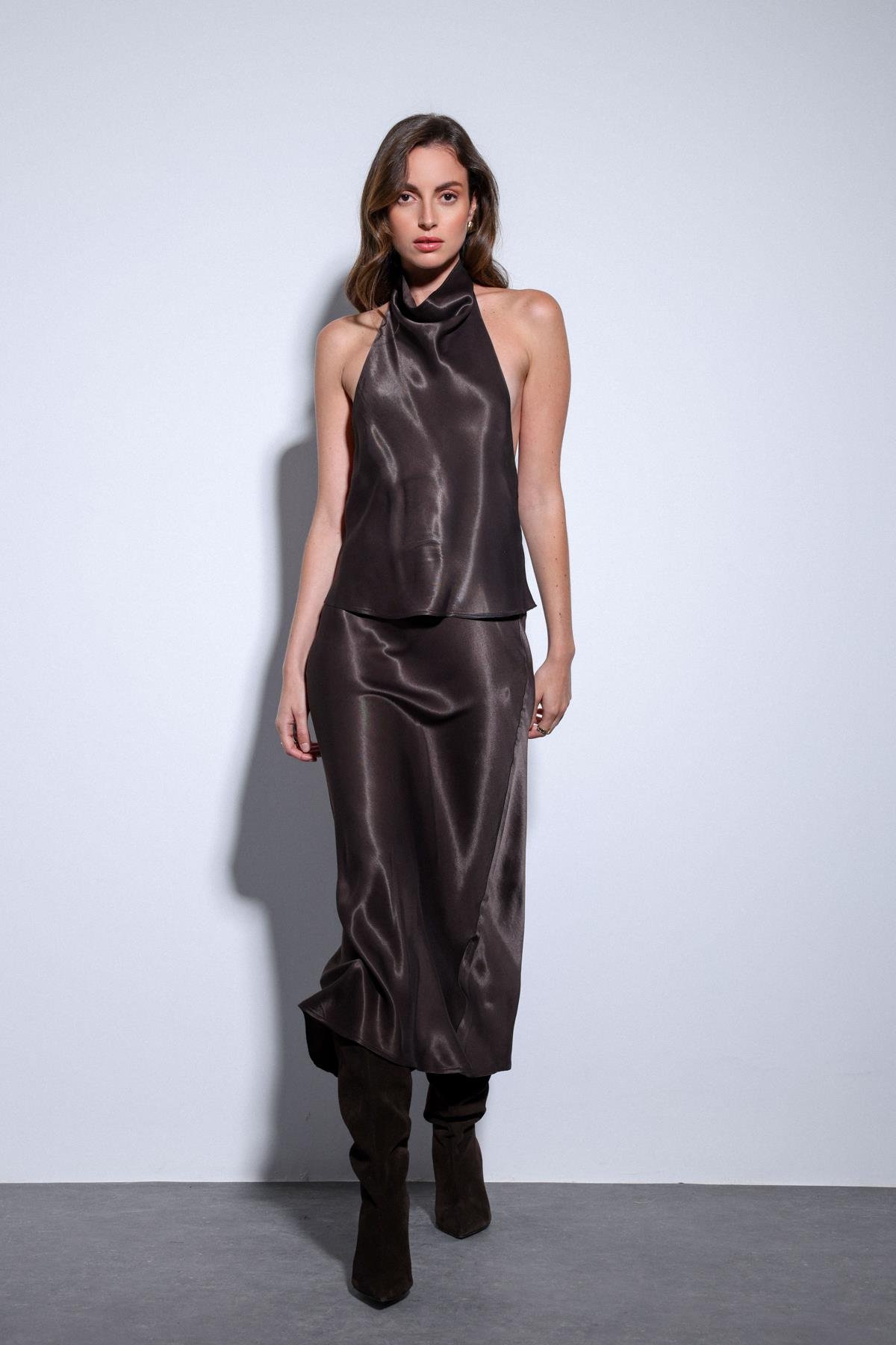 Antioch Kahve Saten Halter Kadın Top