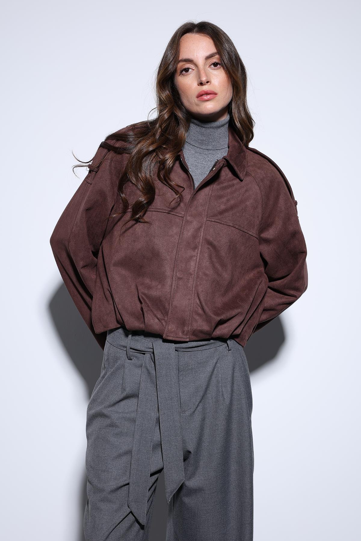 Antioch Kahve Süet Görünümlü Bomber Kadın Mont