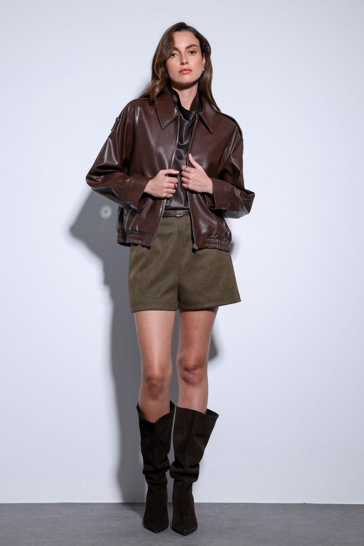 Antioch Kahve Suni Deri Bomber Ceket