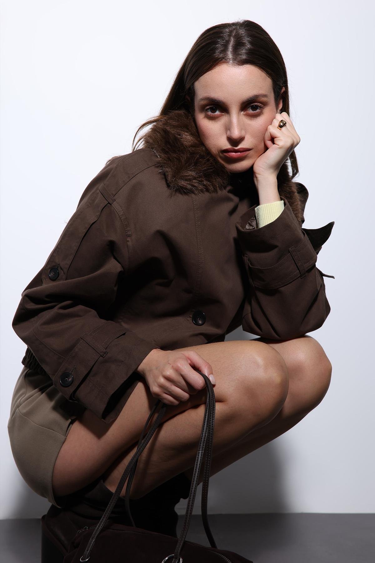 Antioch Kahve Suni Kürklü Kısa Kadın Trençkot