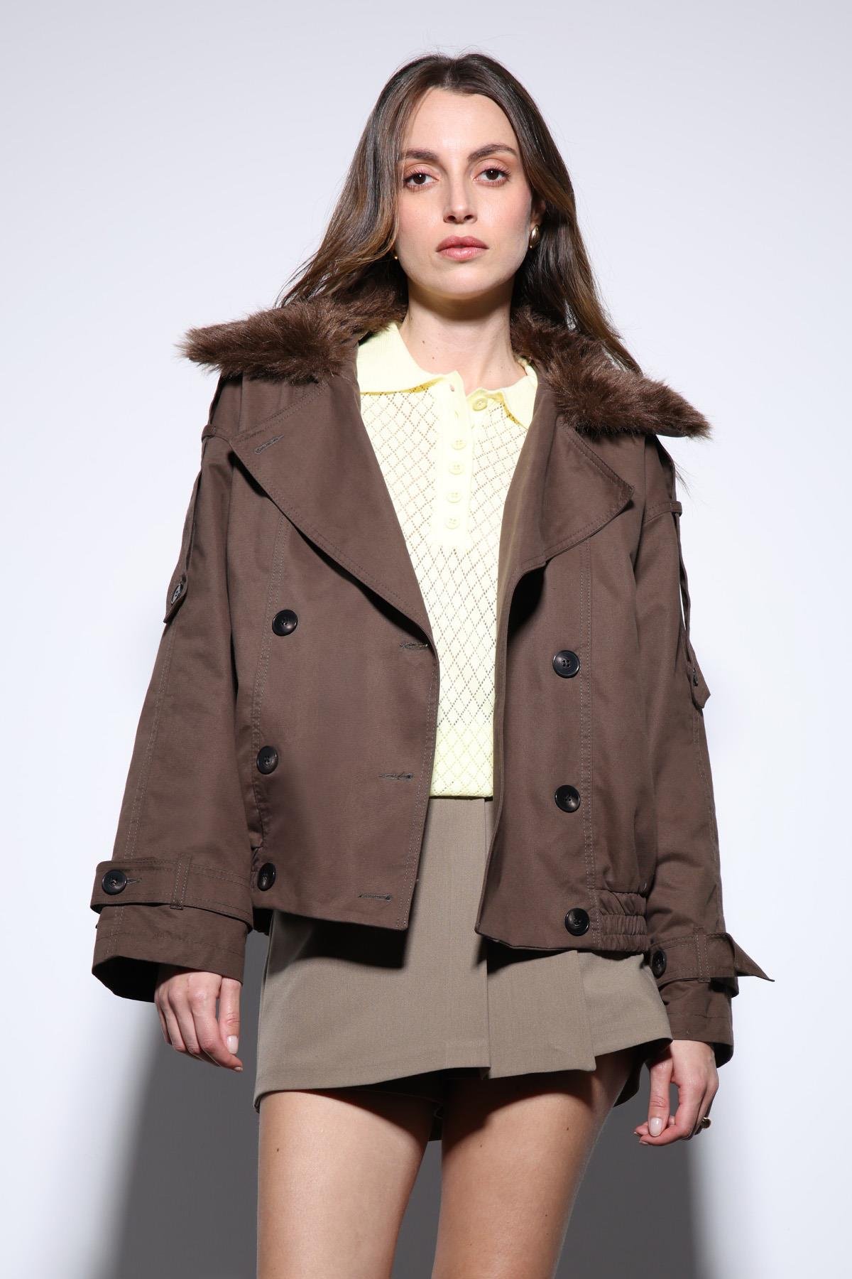 Antioch Kahve Suni Kürklü Kısa Kadın Trençkot