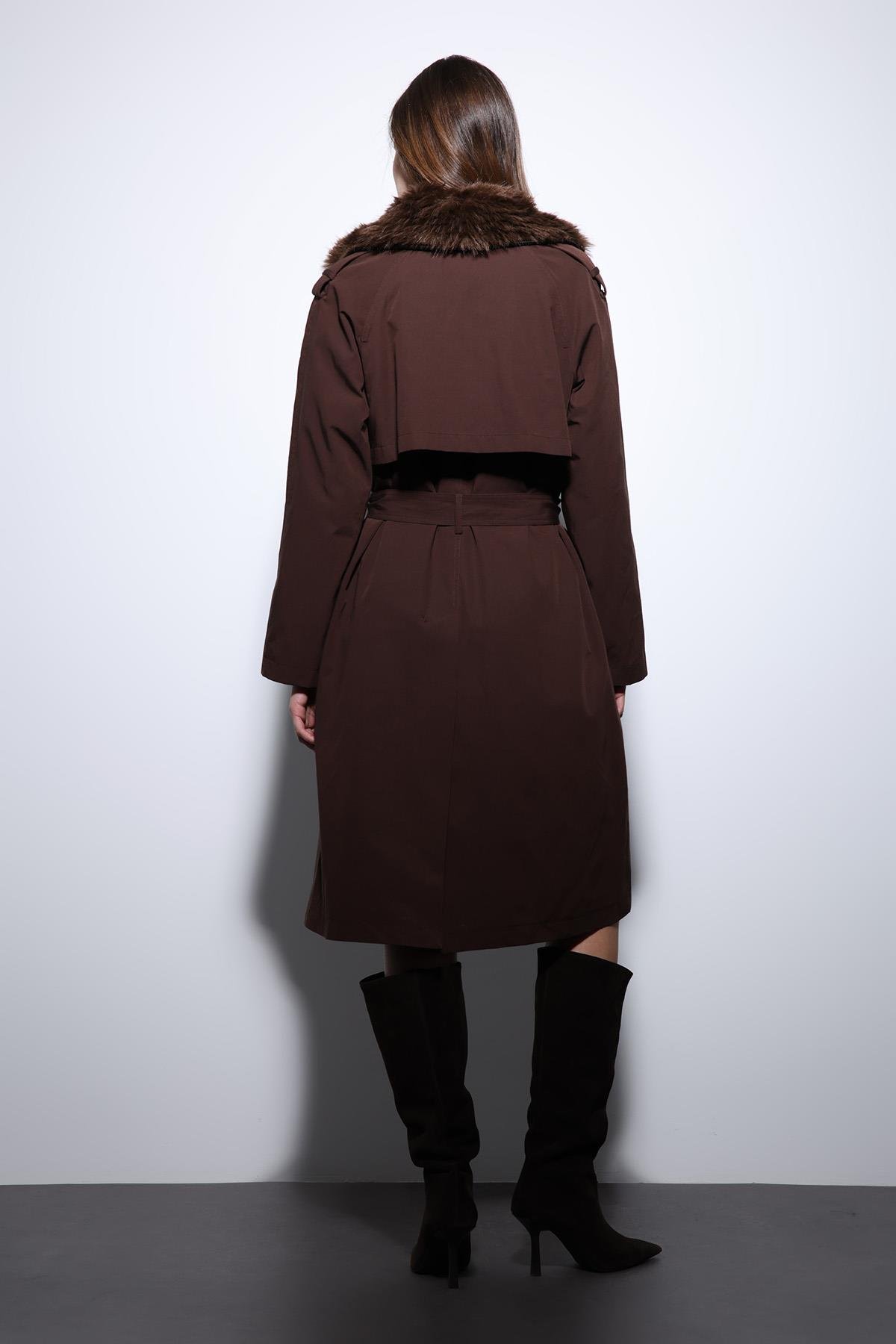 Antioch Kahve Suni Kürklü Yaka Kadın Trençkot