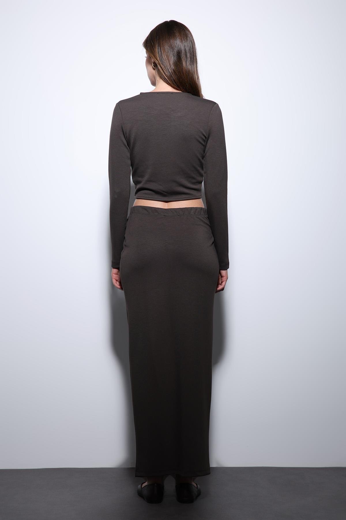 Antioch Kahve Yırtmaç Detaylı Kadın Etek Takım