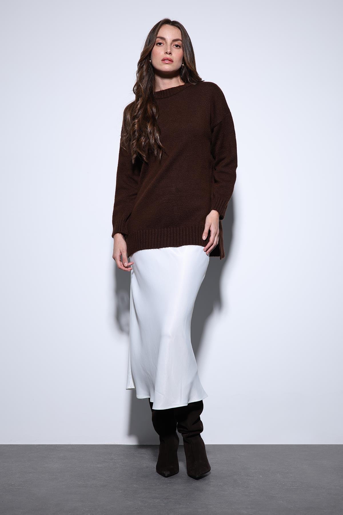 Antioch Kahve Yırtmaç Detaylı Kadın Kazak