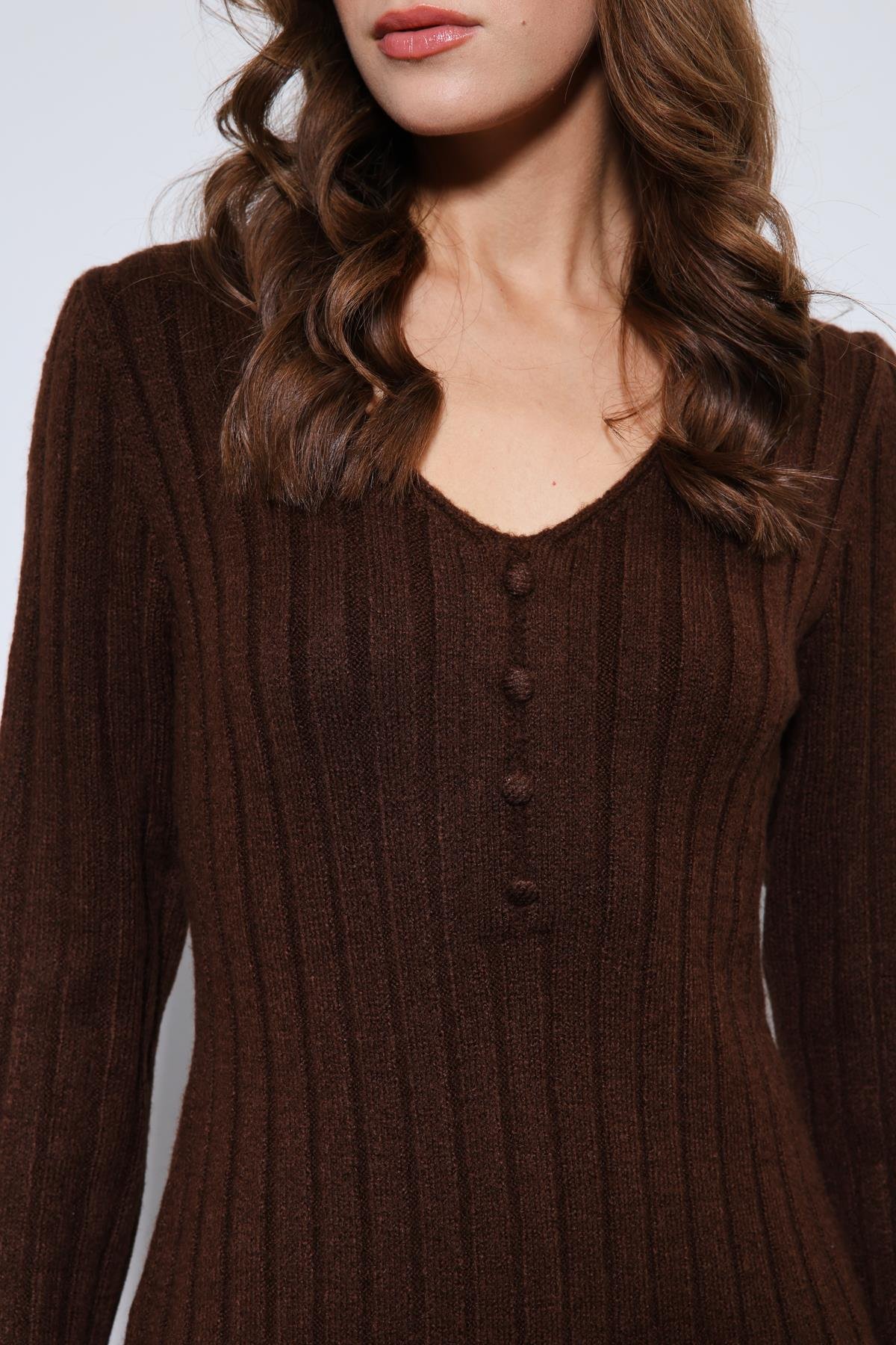 Antioch Kahve Yırtmaç Detaylı Triko Elbise