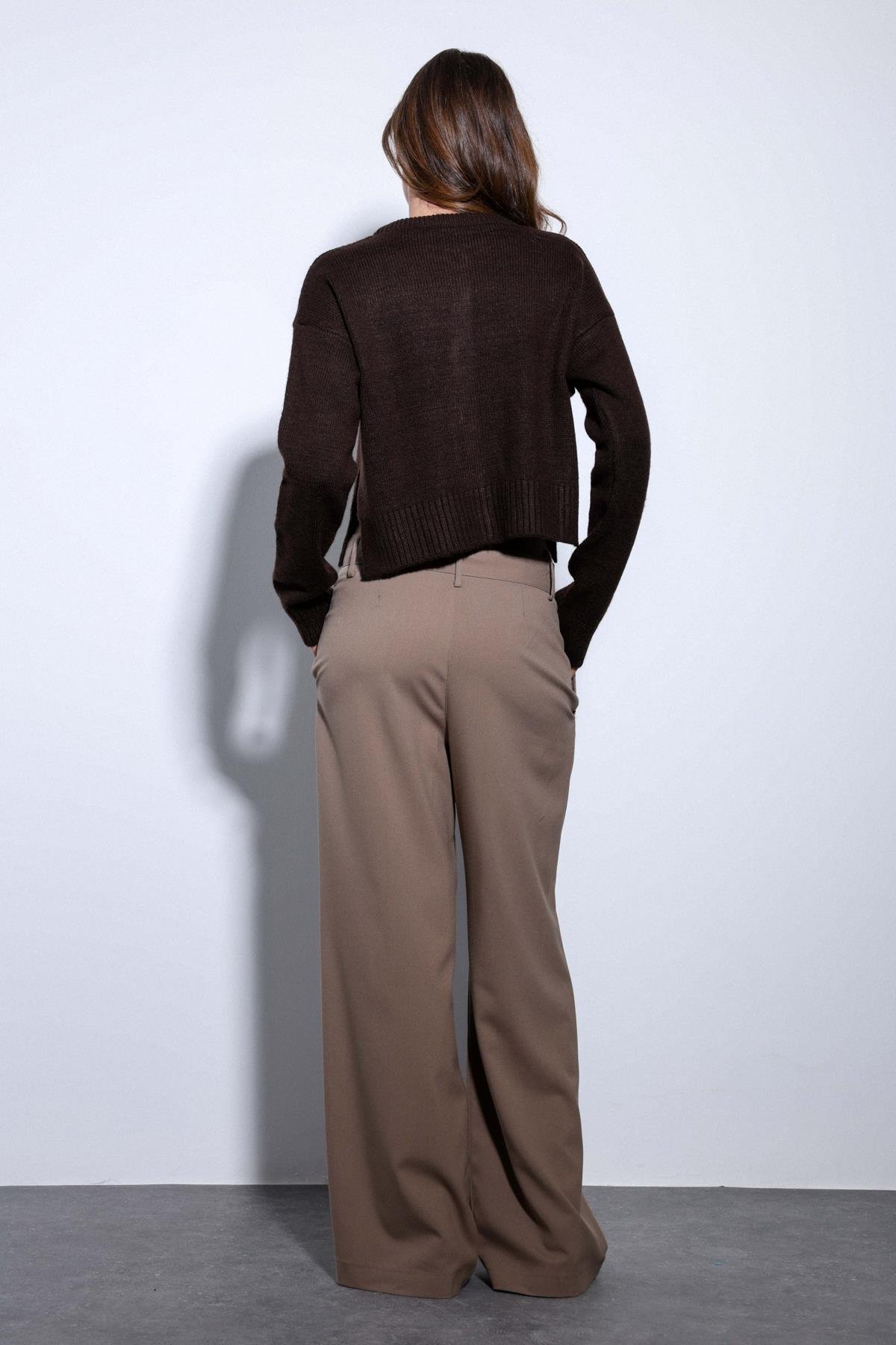 Antioch Kahve Yırtmaçlı Örgü Triko Kadın Kazak