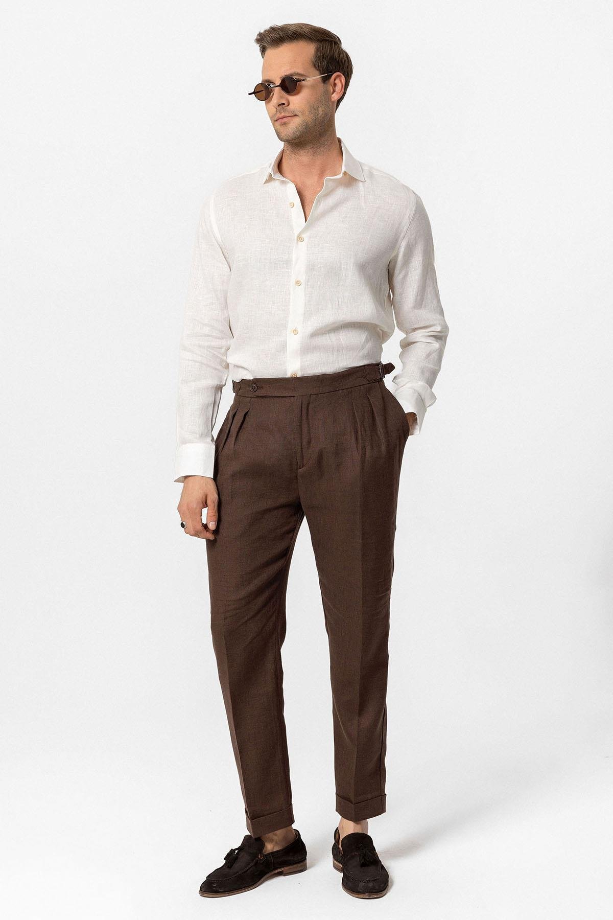 Antioch Kahve Yüksek Bel %100 Keten Pileli Erkek Pantolon