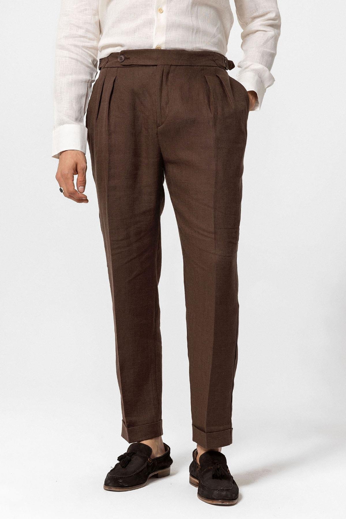 Antioch Kahve Yüksek Bel %100 Keten Pileli Erkek Pantolon