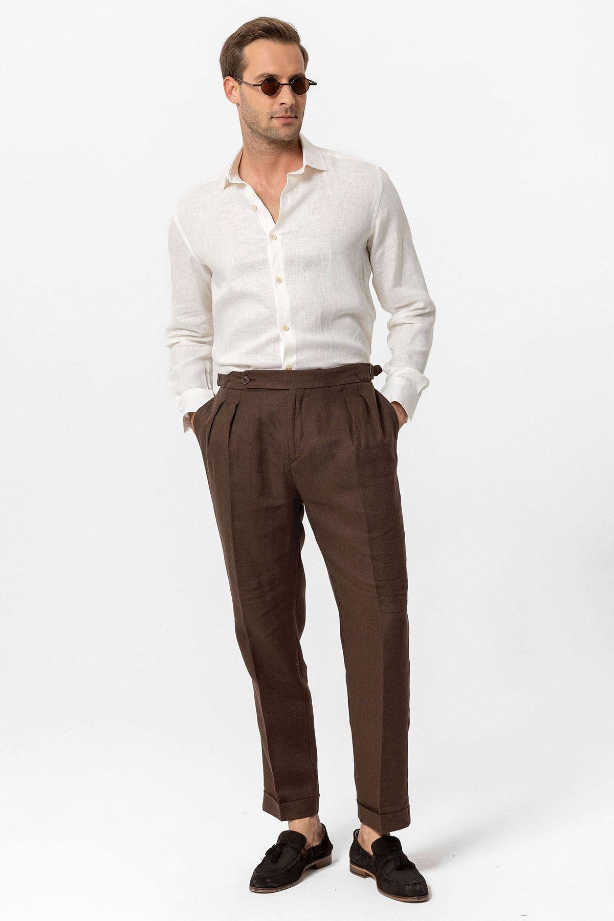 Antioch Kahve Yüksek Bel %100 Keten Pileli Erkek Pantolon