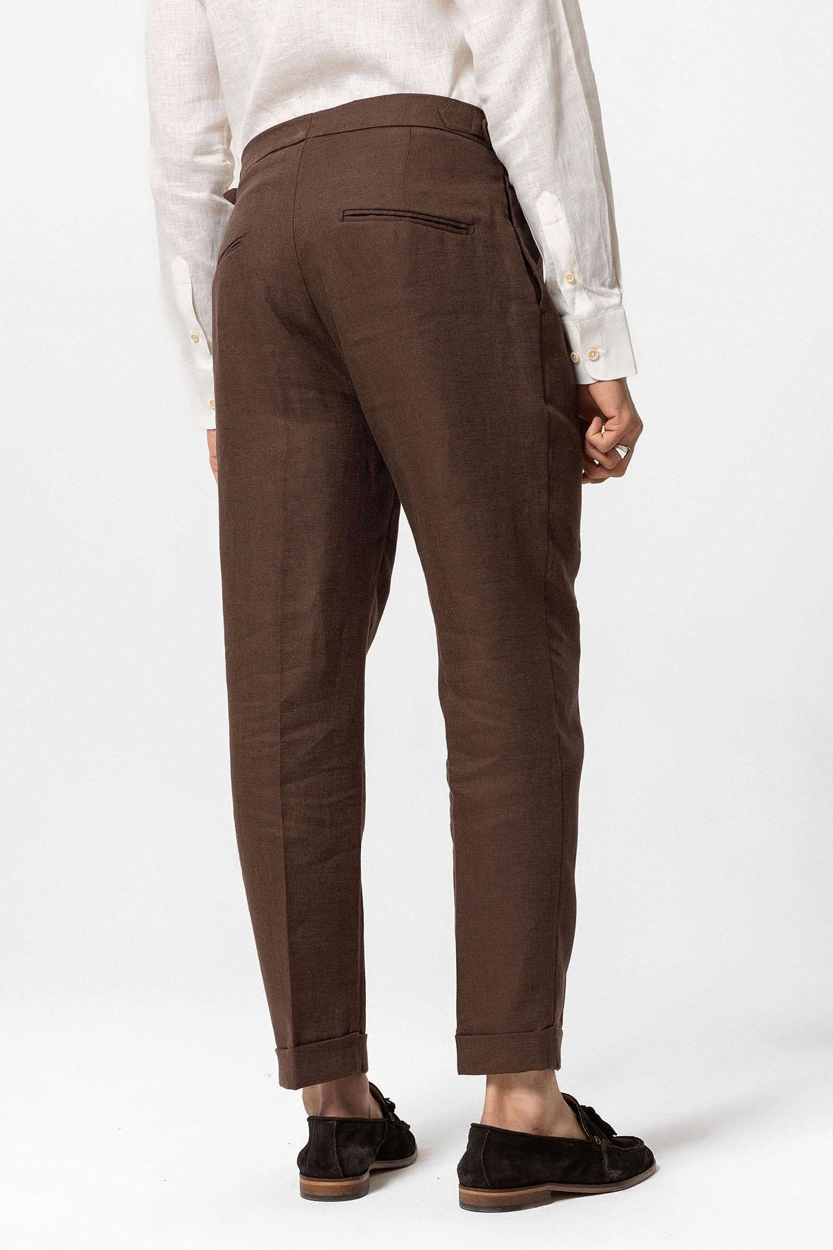 Antioch Kahve Yüksek Bel %100 Keten Pileli Erkek Pantolon