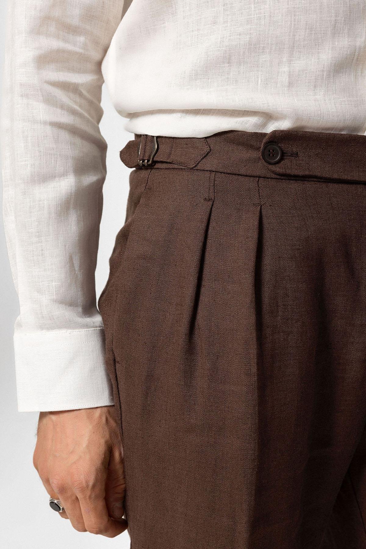 Antioch Kahve Yüksek Bel %100 Keten Pileli Erkek Pantolon