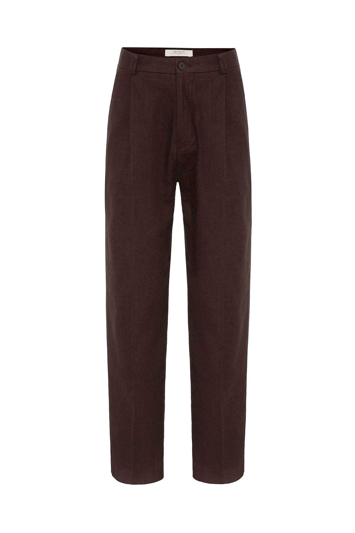 Antioch Kahve Yüksek Bel Keten Karışımlı Erkek Pantolon