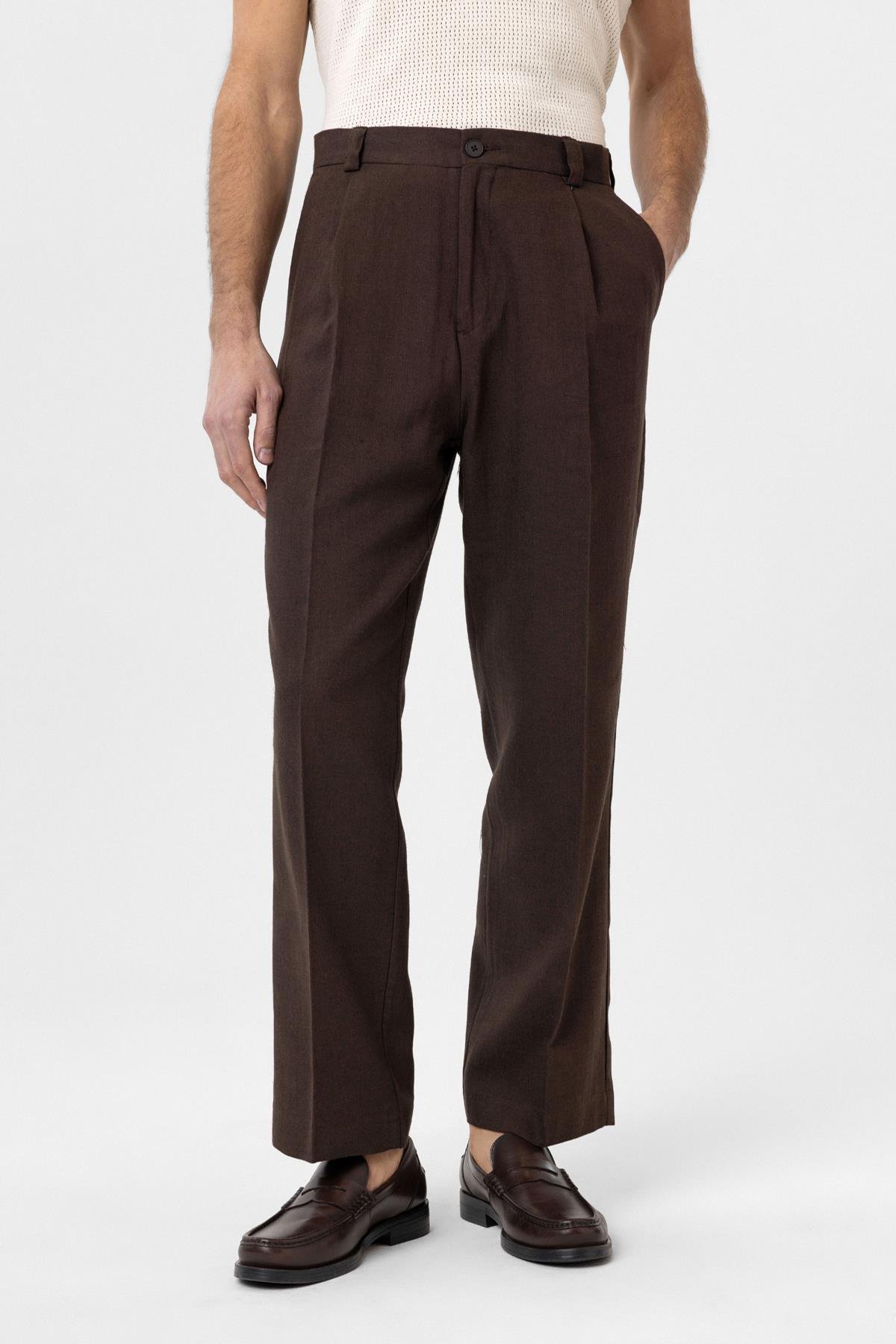 Antioch Kahve Yüksek Bel Keten Karışımlı Erkek Pantolon