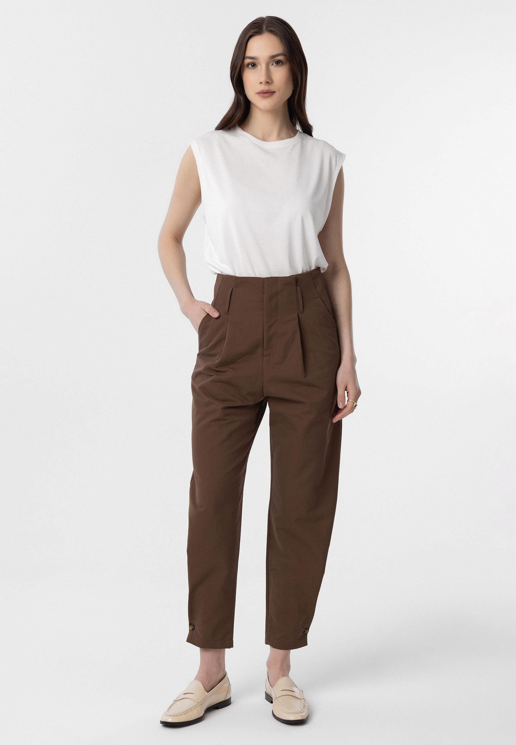 Antioch Kahve Yüksek Bel Paçası Düğmeli Fit Kadın Pantolon