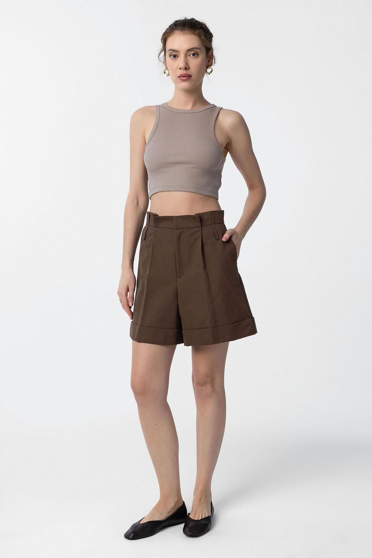Antioch Kahve Yüksek Bel Pensli  Kadın Bermuda Şort