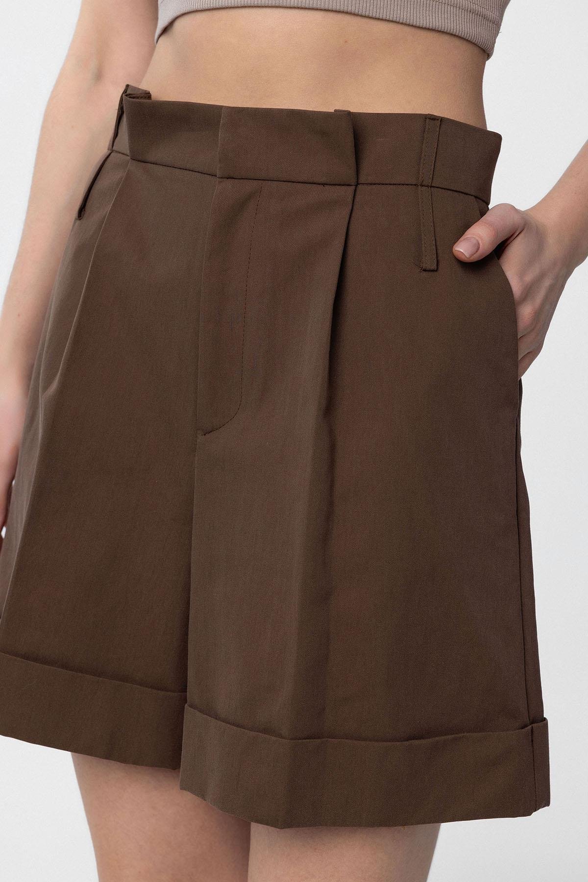 Antioch Kahve Yüksek Bel Pensli  Kadın Bermuda Şort