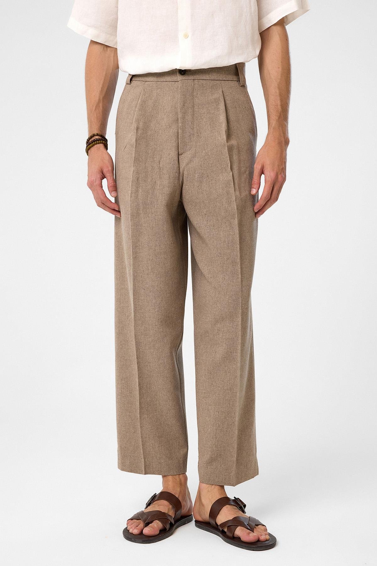 Antioch Kahve Yüksek Bel Pileli Relax Fit Erkek Pantolon