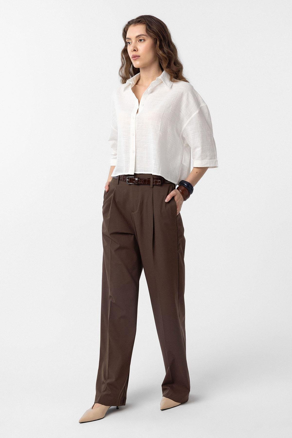 Antioch Kahve Yüksek Bel Pilili Kadın Pantolon