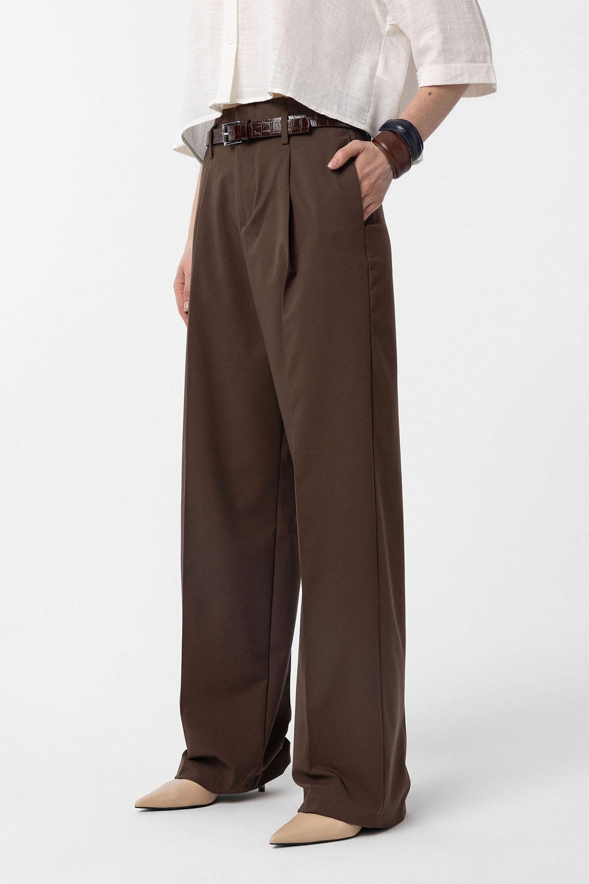 Antioch Kahve Yüksek Bel Pilili Kadın Pantolon