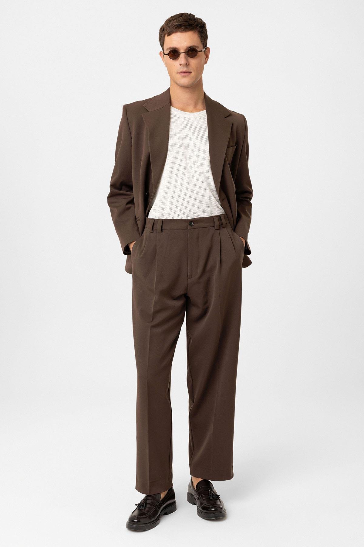 Antioch Kahve Yüksel Bel Relax Fit Pileli Erkek Pantolon