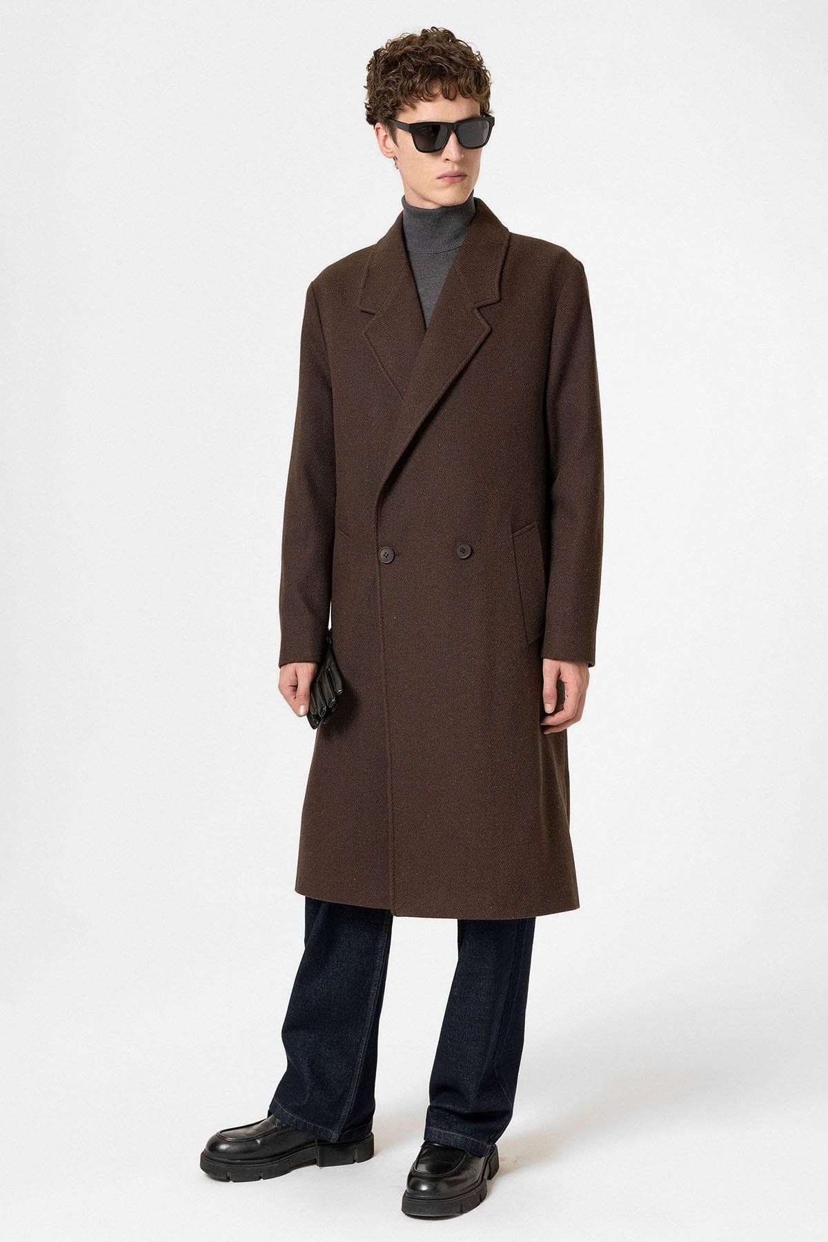 Antioch Kahve Yün Karışımlı Balıksırtı Kruvaze Erkek Kaban