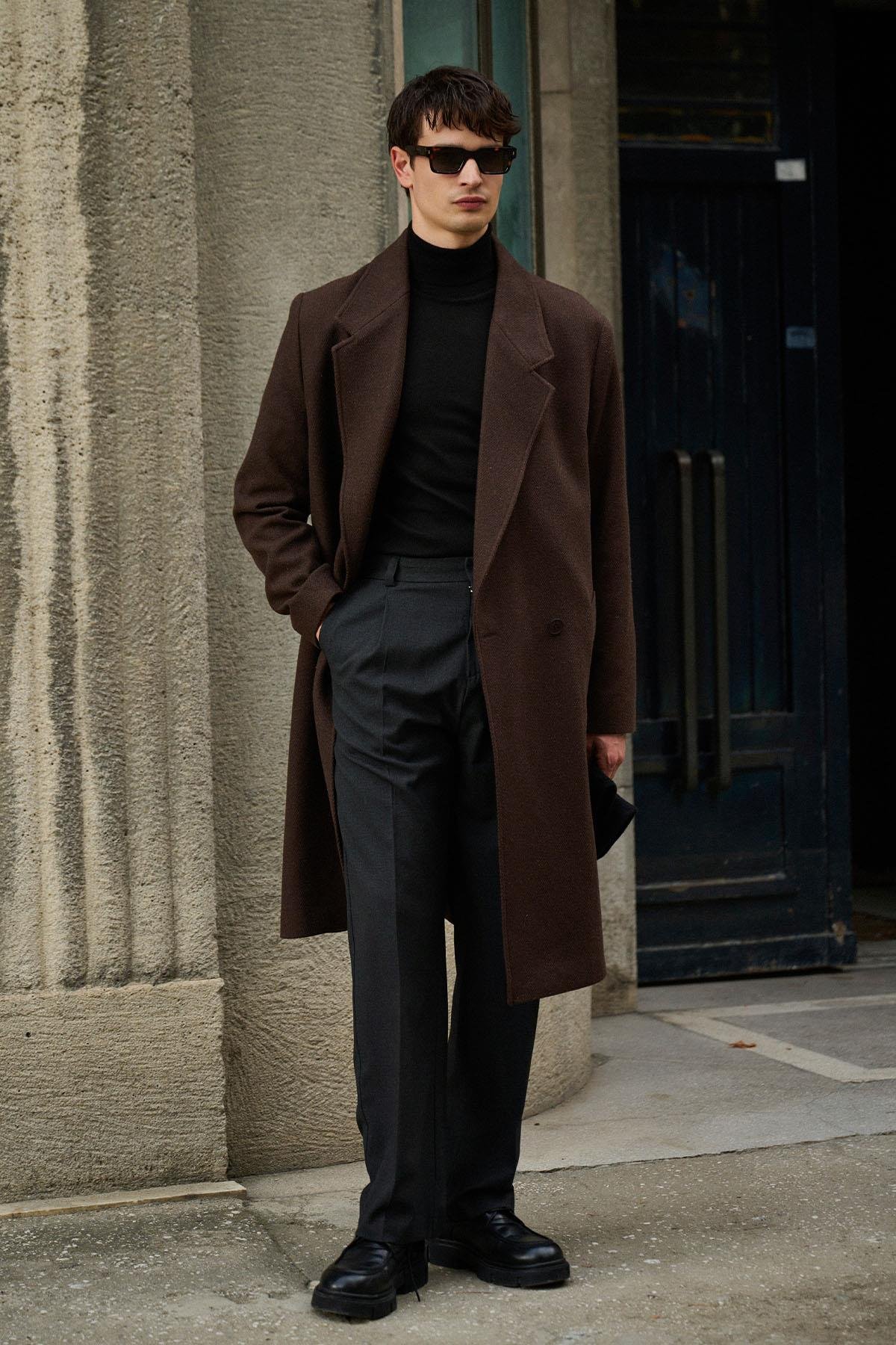 Antioch Kahve Yün Karışımlı Balıksırtı Kruvaze Erkek Kaban