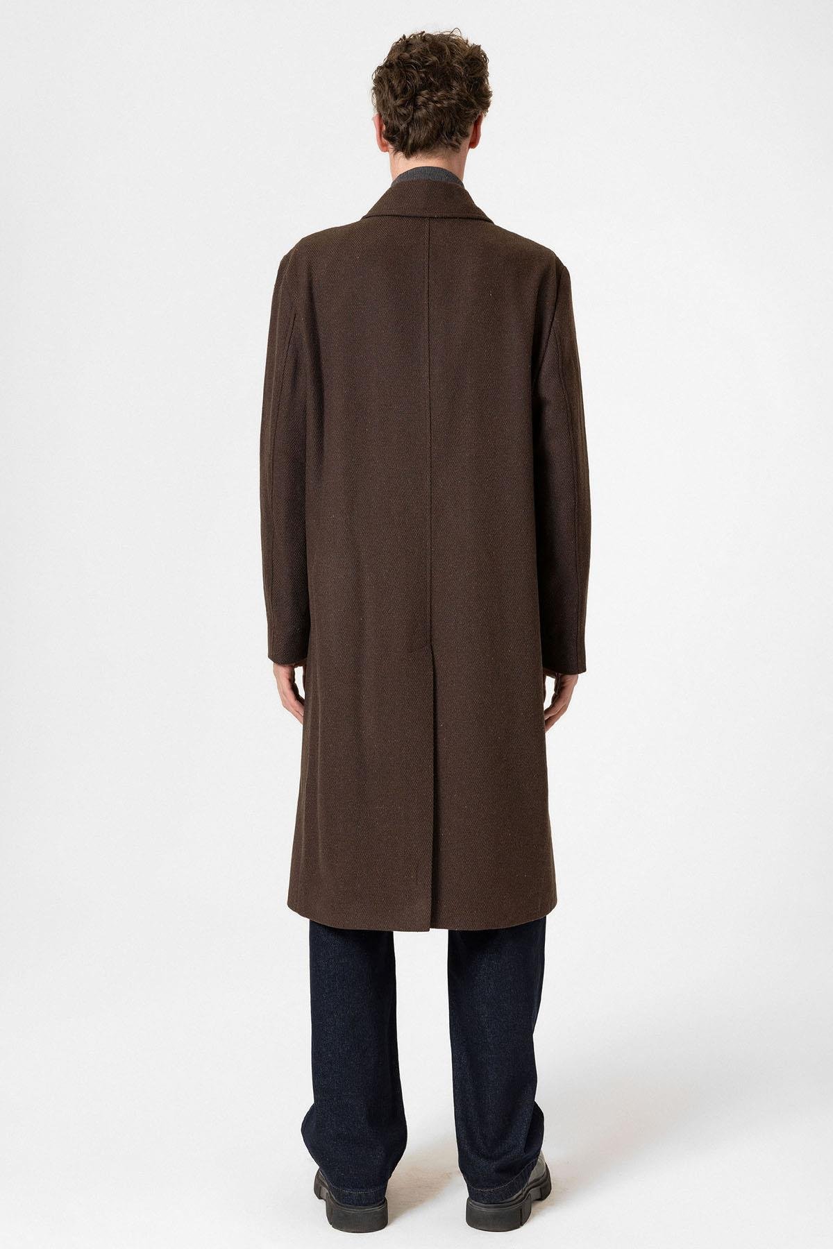 Antioch Kahve Yün Karışımlı Balıksırtı Kruvaze Erkek Kaban