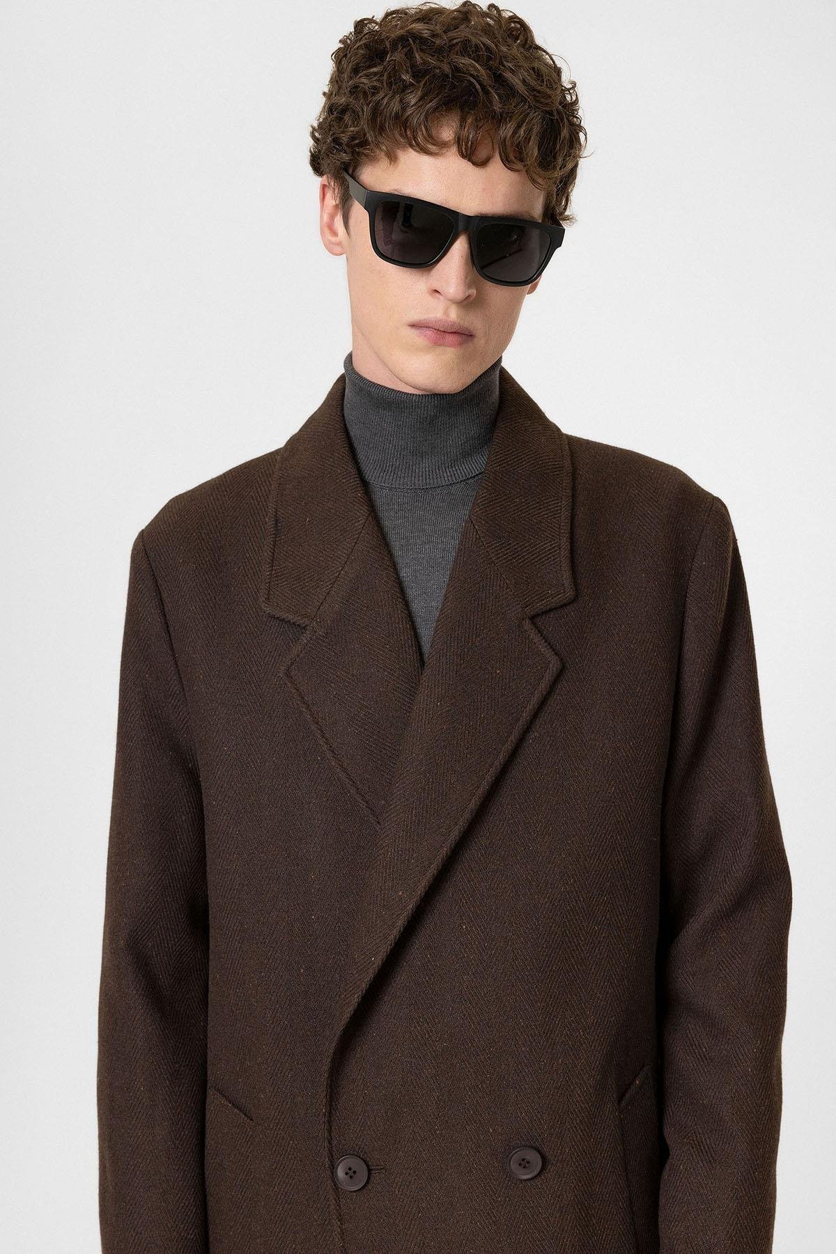 Antioch Kahve Yün Karışımlı Balıksırtı Kruvaze Erkek Kaban