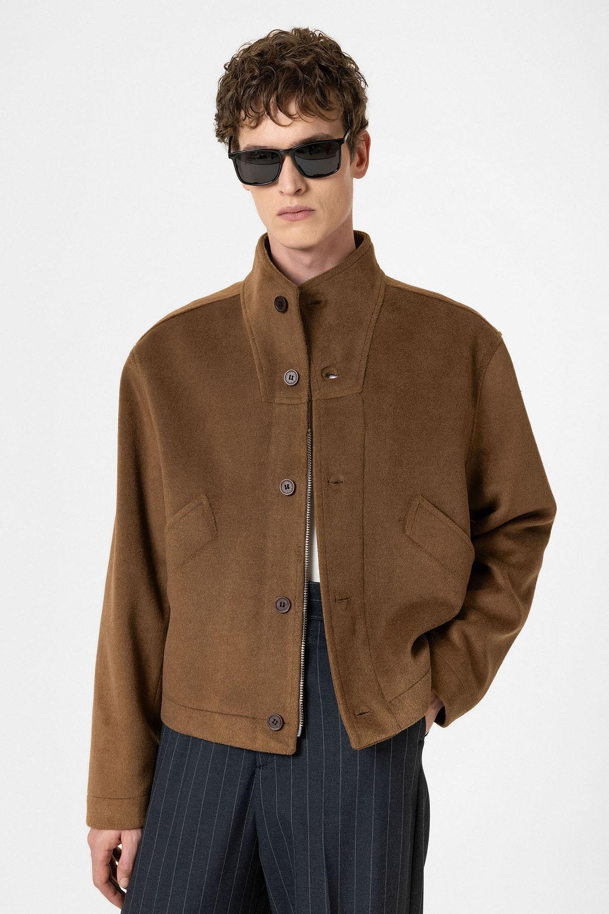 Antioch Kahve Yün Karışımlı Dik Yaka Erkek Mont