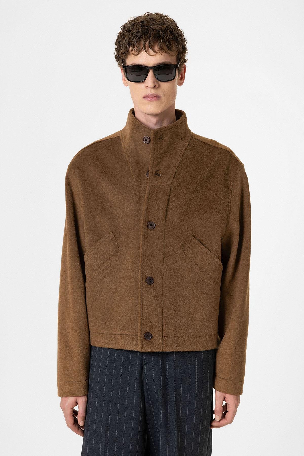 Antioch Kahve Yün Karışımlı Dik Yaka Erkek Mont