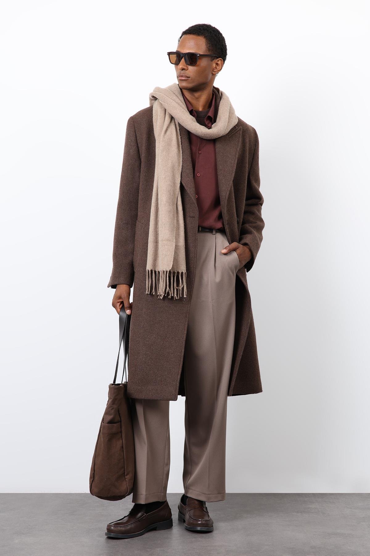 Antioch Kahve Yün Karışımlı Kruvaze Erkek Kaban