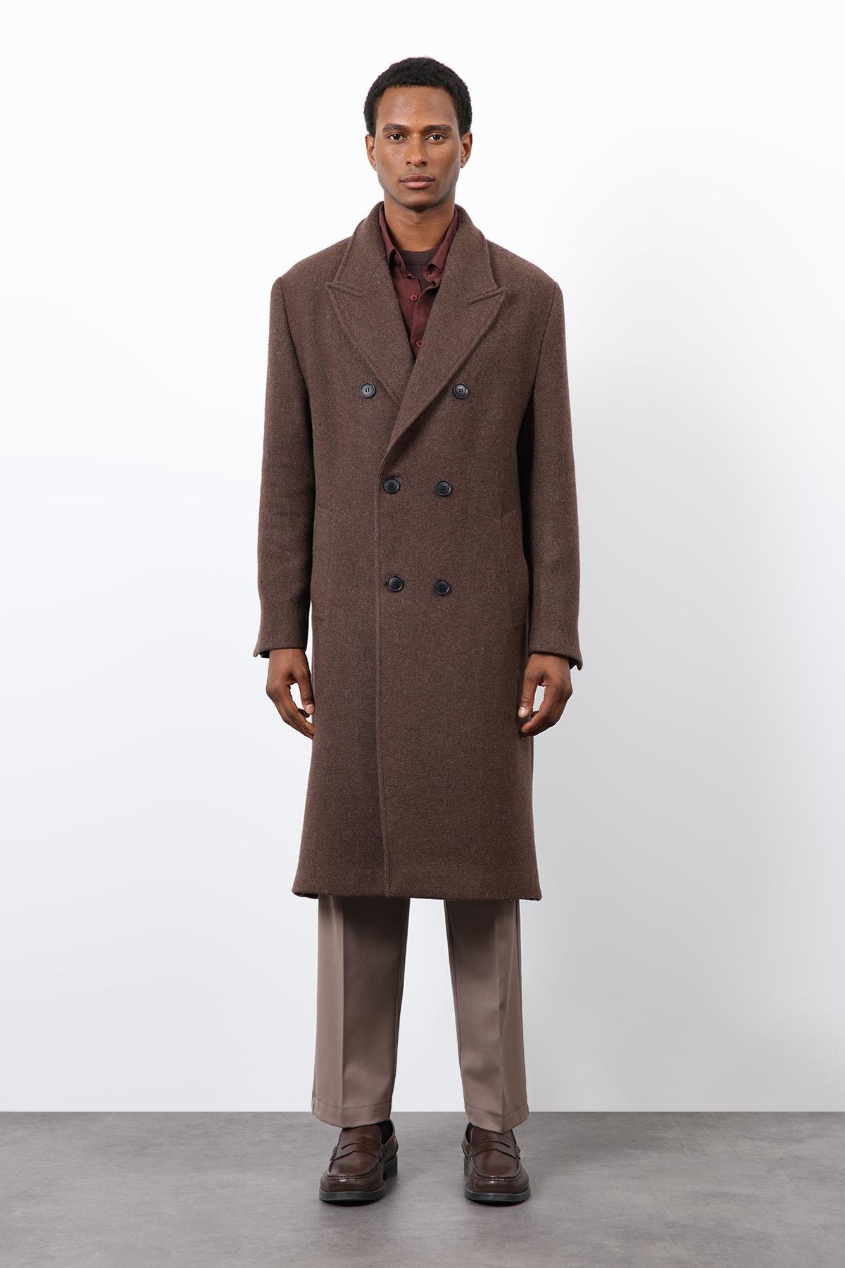 Antioch Kahve Yün Karışımlı Kruvaze Erkek Kaban