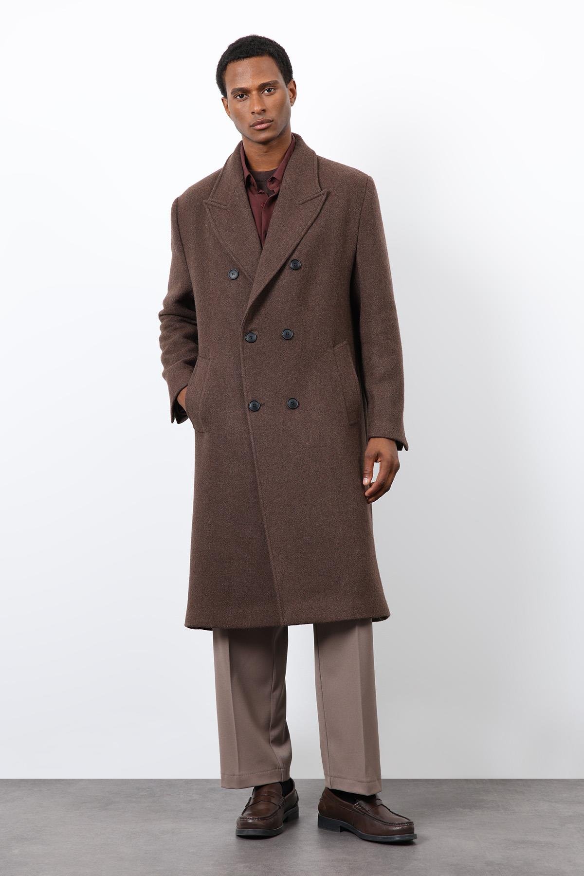 Antioch Kahve Yün Karışımlı Kruvaze Erkek Kaban