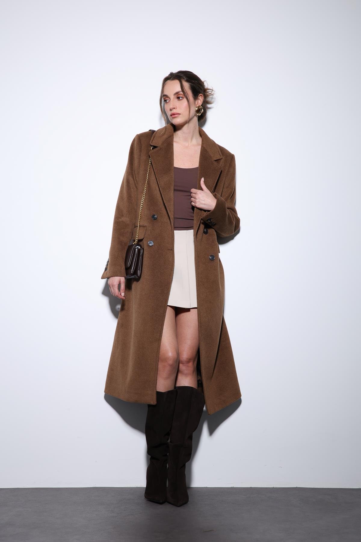 Antioch Kahve Yün Karışımlı Kruvaze Kadın Kaban