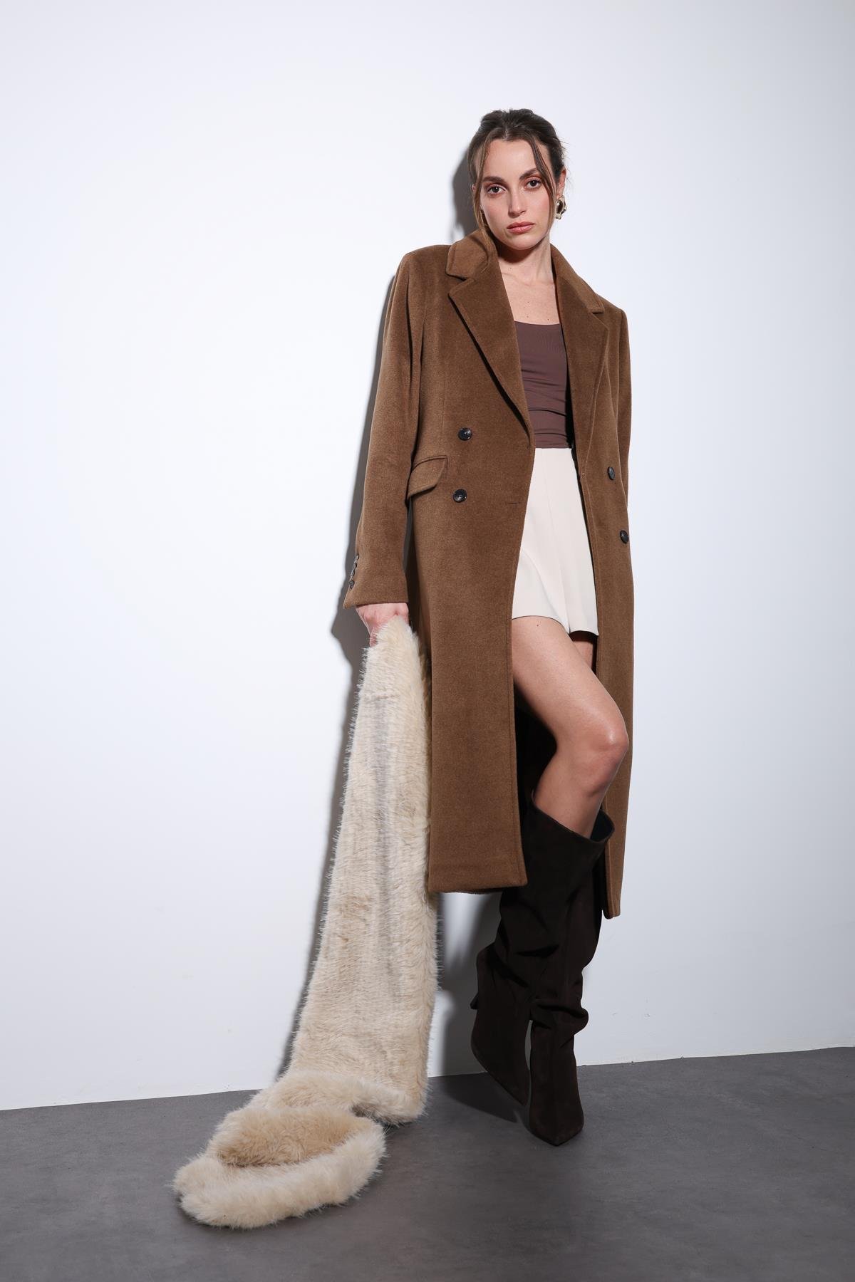 Antioch Kahve Yün Karışımlı Kruvaze Kadın Kaban